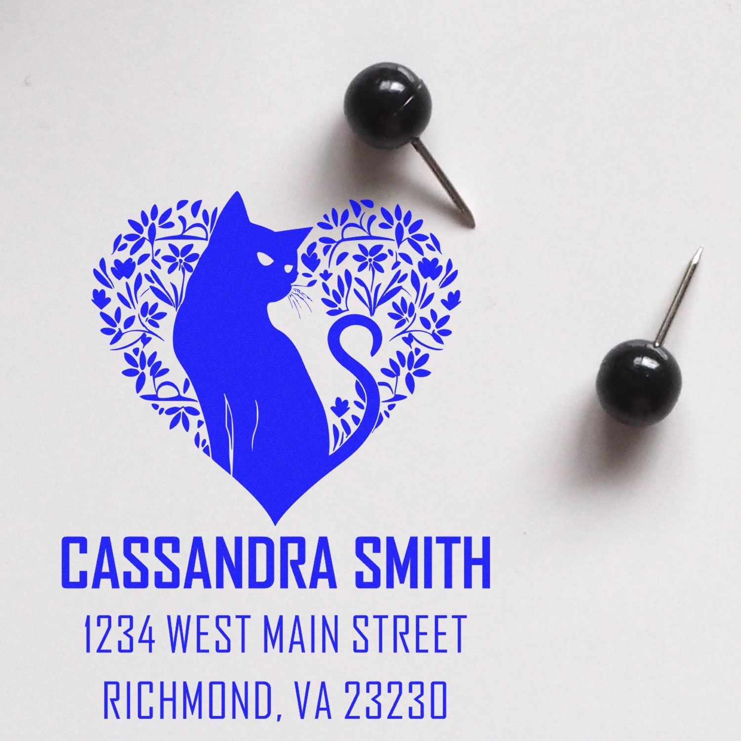 Personalized cat heart address rubber stamp for Cassandra Smith, Richmond, VA, with floral decorative design.