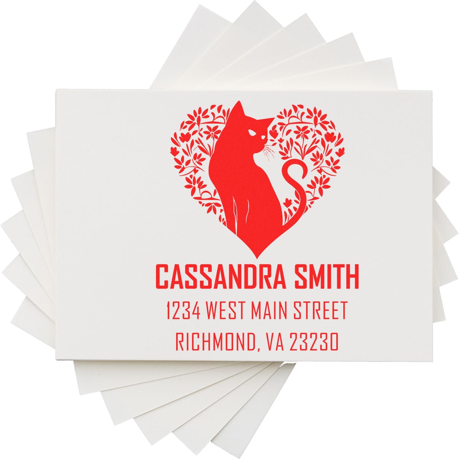 Custom rubber address stamp with red cat heart design, personalized name and address for mailing envelopes and invitations.