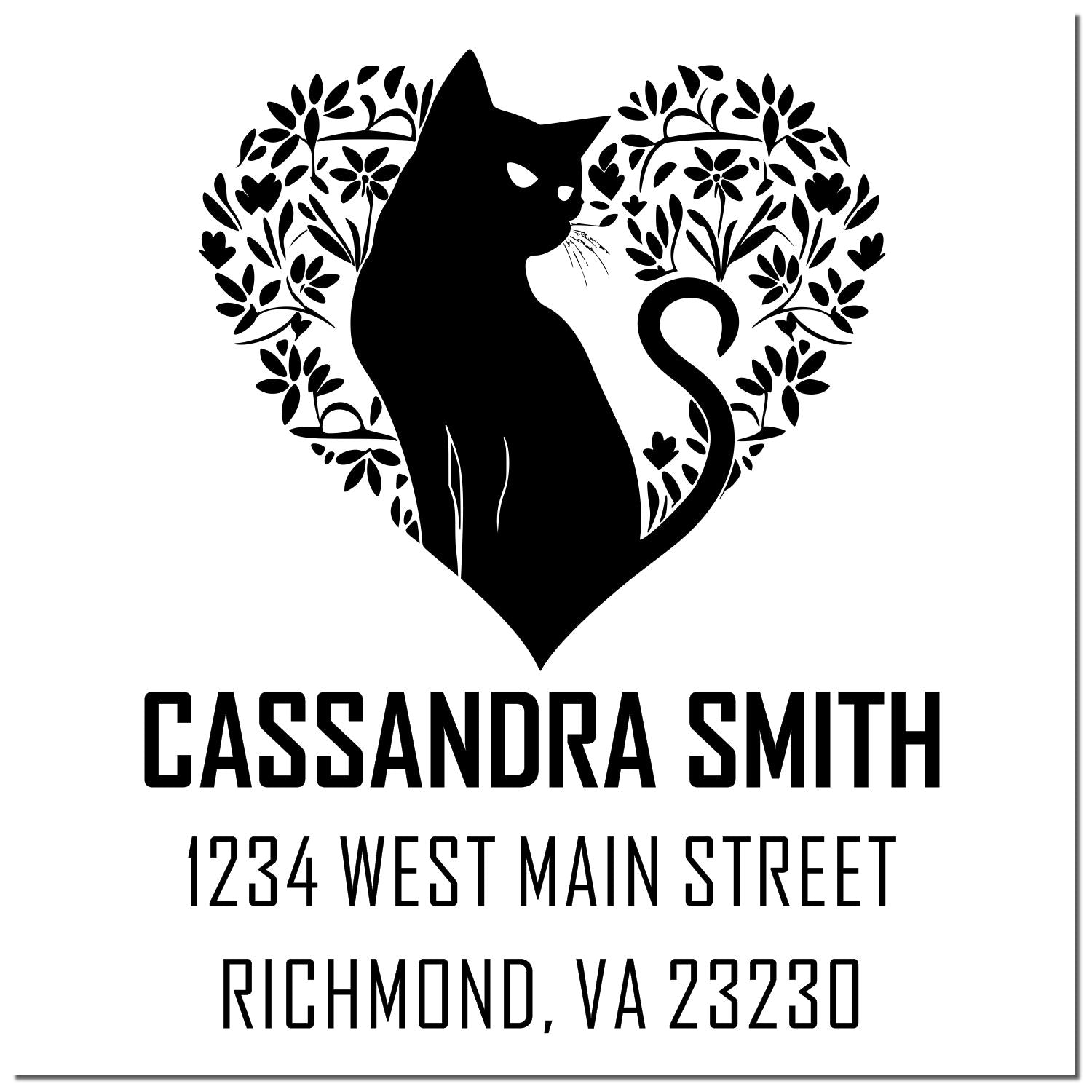 Custom cat return address rubber stamp with floral heart design for Cassandra Smith, Richmond, VA 23230.