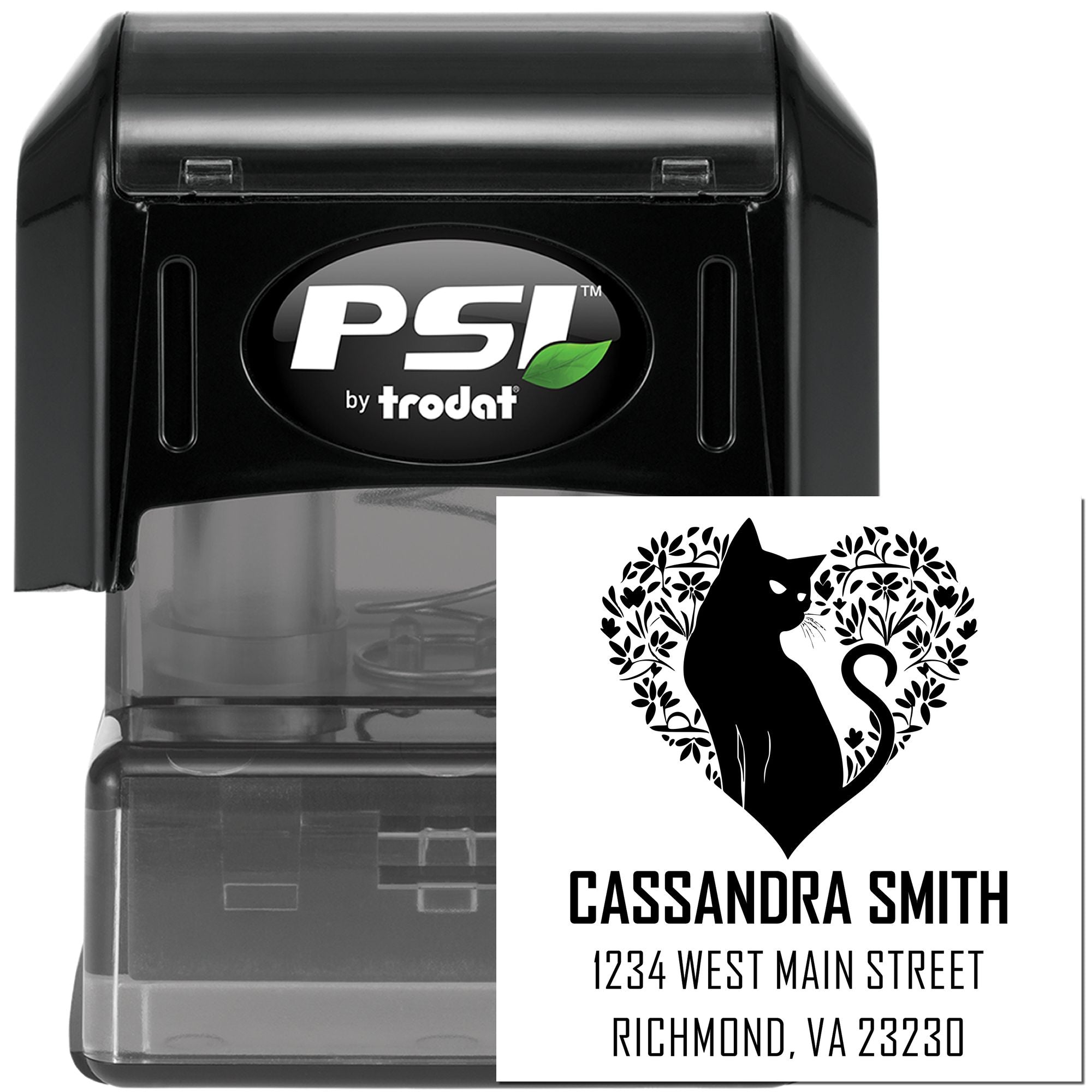 Custom self-inking rubber stamp with cat design and personalized return address for Cassandra Smith, Richmond, VA