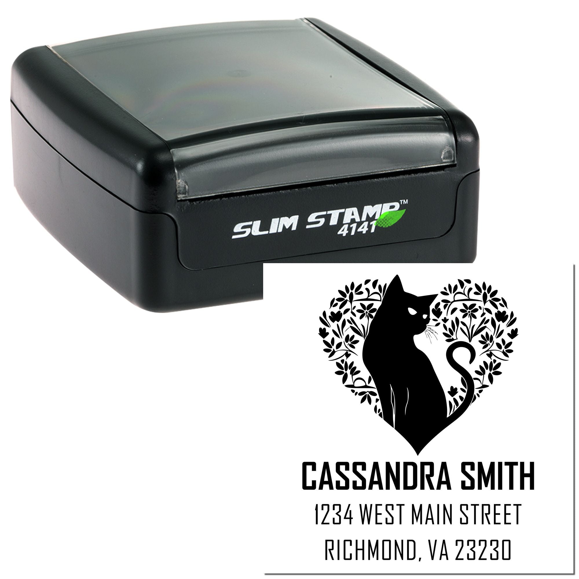 Custom self-inking rubber address stamp with cat silhouette design for Cassandra Smith, Richmond VA 23230