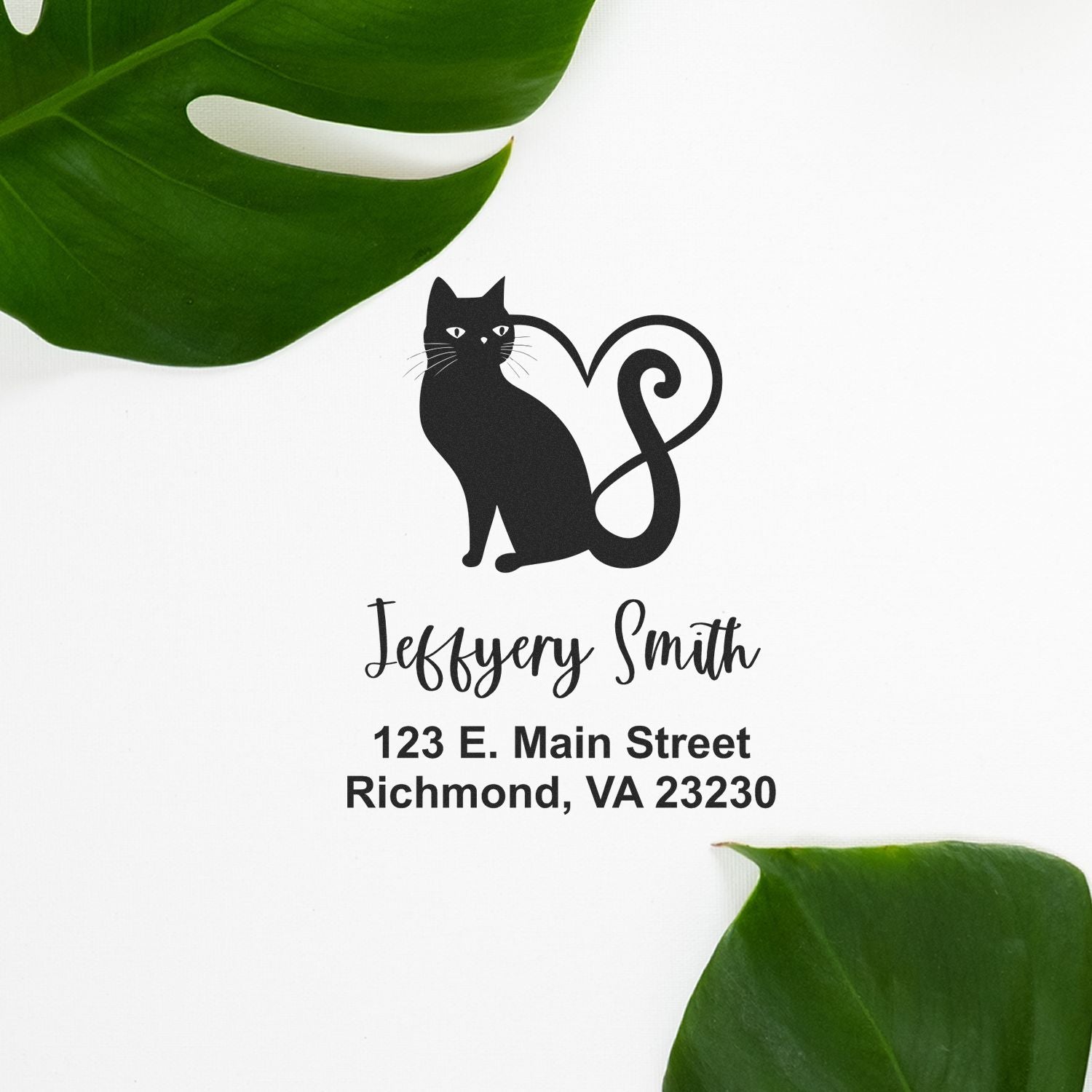 Custom cat return address rubber stamp with name Jeffrey Smith and Richmond, VA address for personalized mailings.