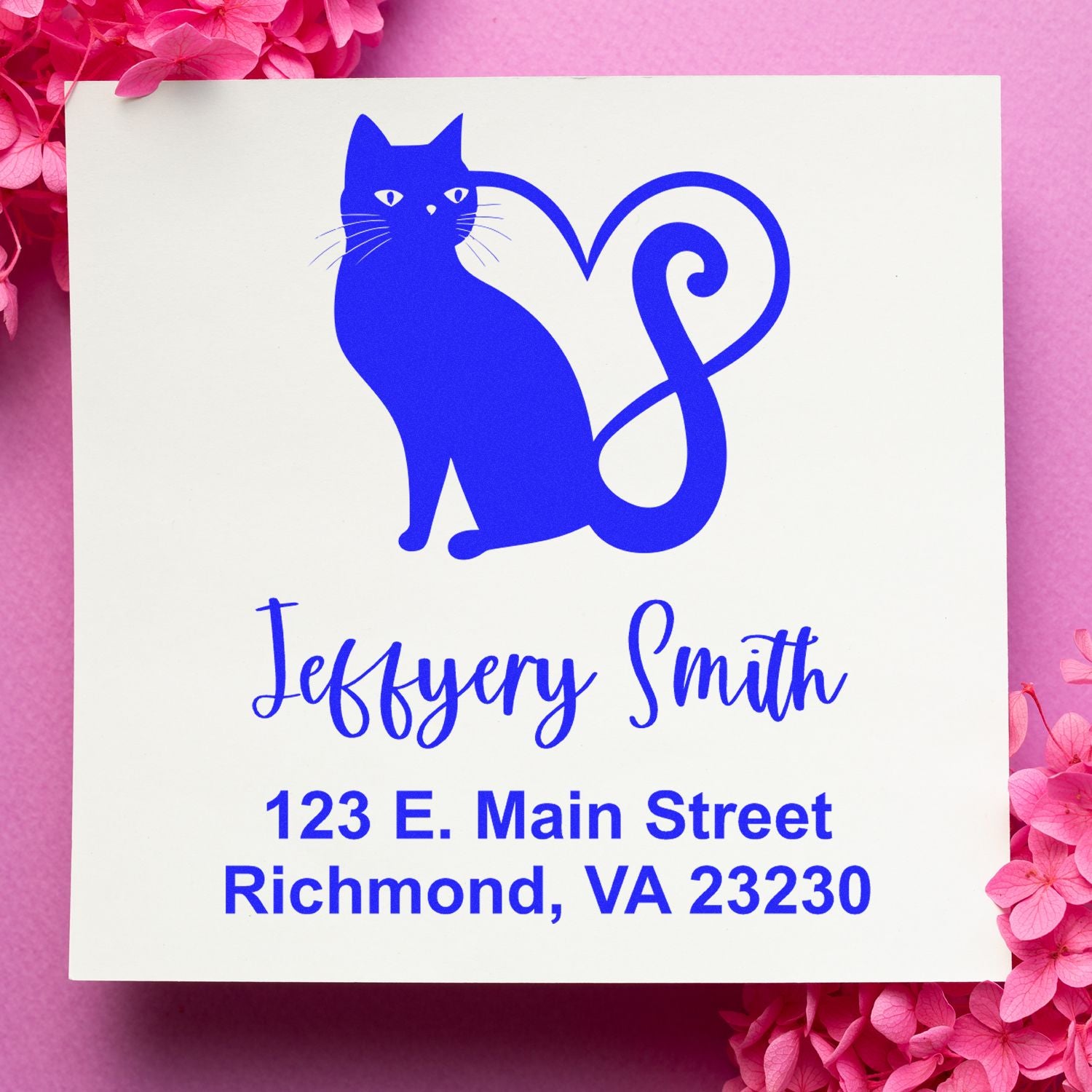 Personalized cat return address rubber stamp with heart-tail design for Jeffery Smith, Richmond, VA 23230.