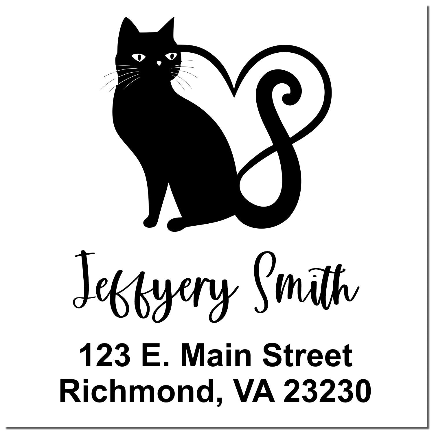 Custom cat return address rubber stamp with black cat silhouette, Jeffrey Smith, 123 E. Main Street, Richmond, VA 23230.