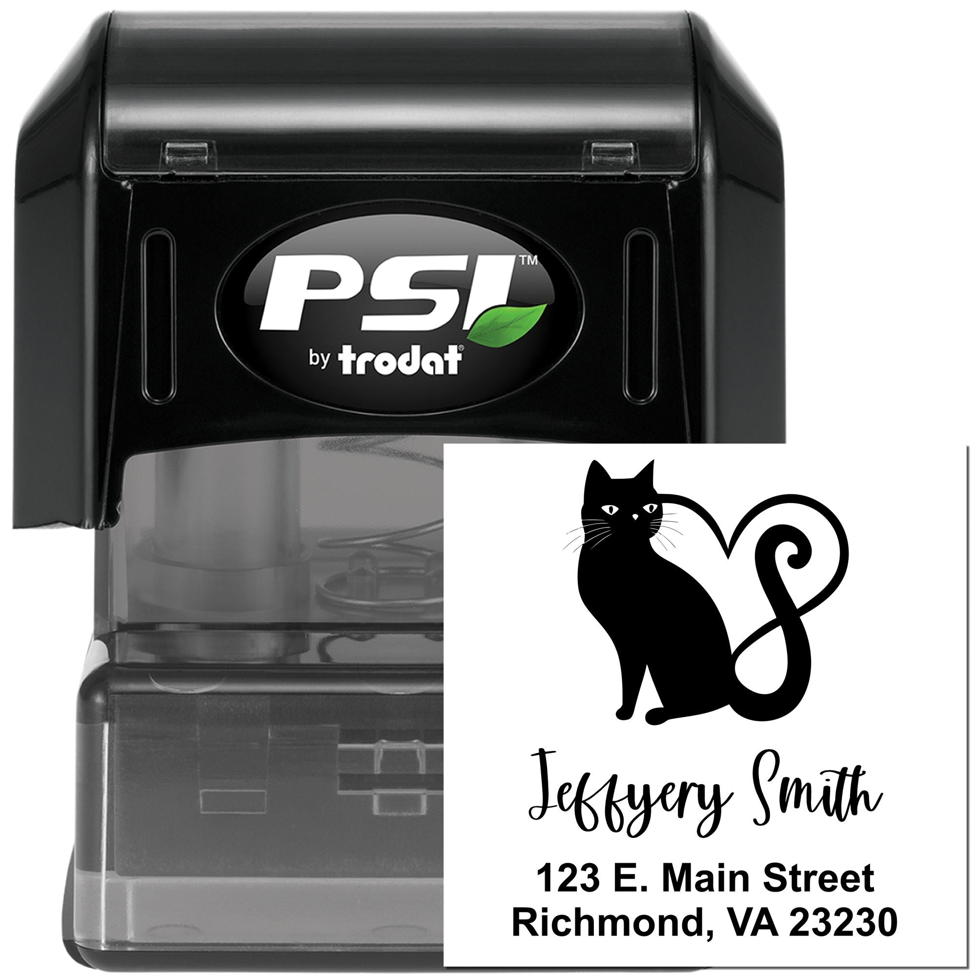 PSI by Trodat custom self-inking return address rubber stamp with black cat design, name, and address imprint.