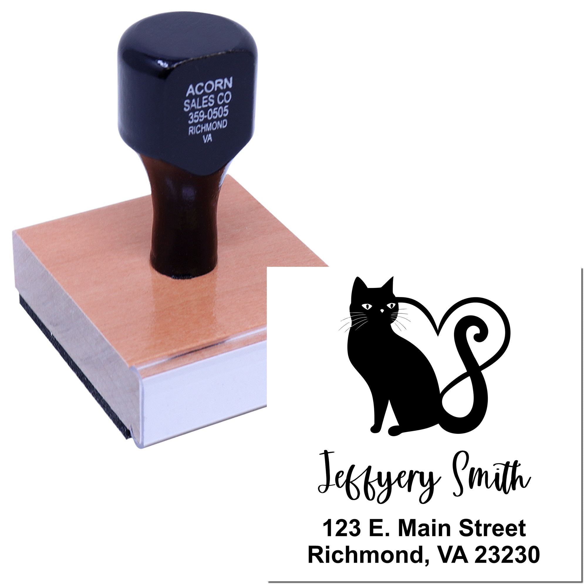 Custom cat address rubber stamp with personalized name and Richmond, VA mailing details.
