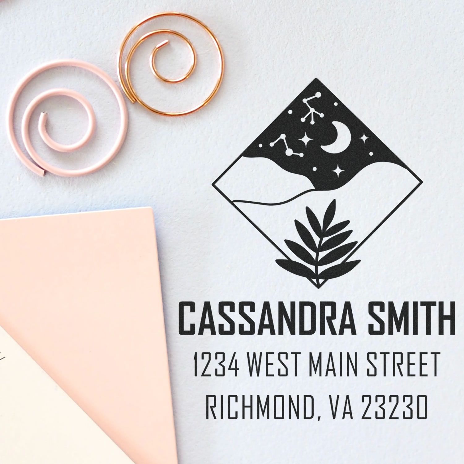 Custom return address rubber stamp with botanical logo, name, and address for envelopes, wedding stationery, or business mail.