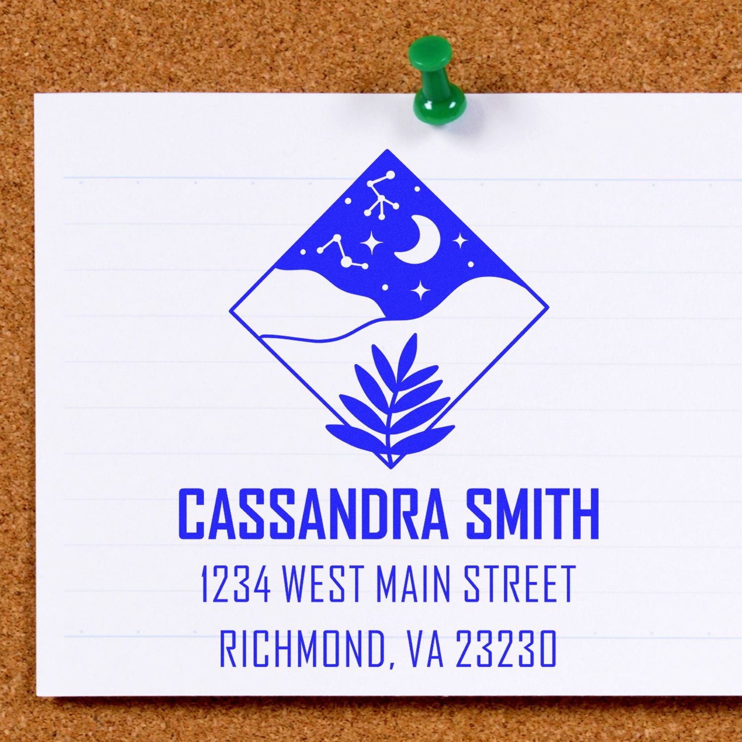 Custom personalized rubber stamp with logo, name, and return address for Cassandra Smith, Richmond, VA