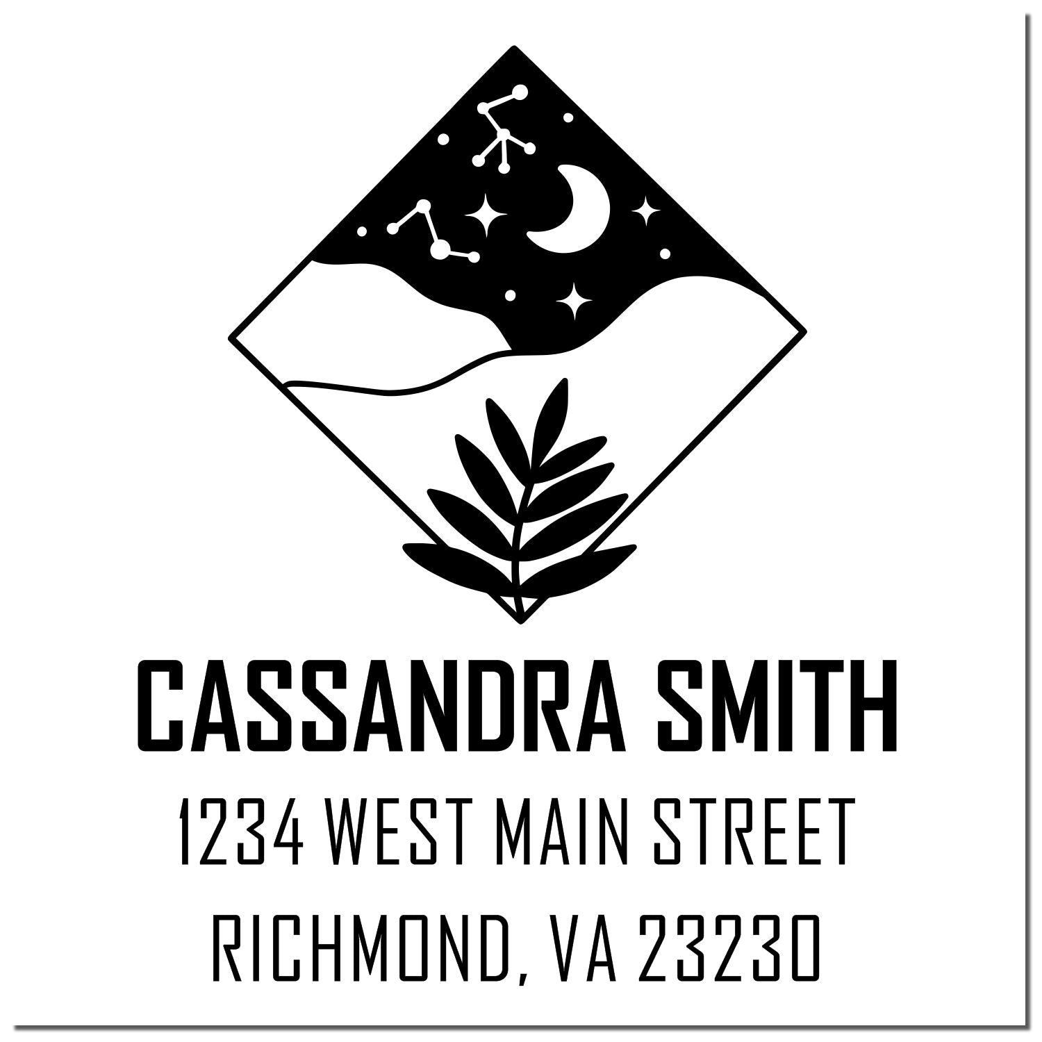 Custom return address rubber stamp with moon, stars and leaf design for Cassandra Smith, 1234 West Main Street, Richmond, VA.