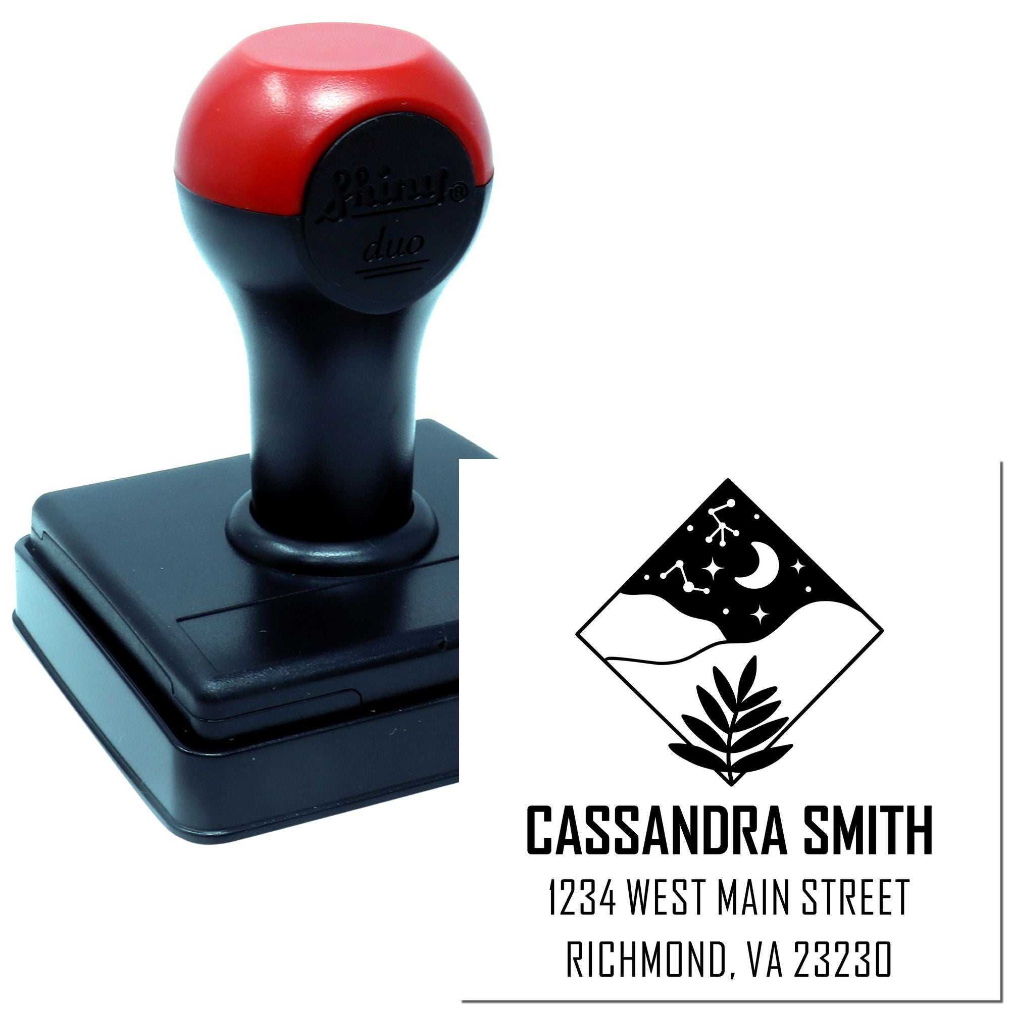 Custom self-inking rubber return address stamp for Cassandra Smith, with logo and Richmond, VA mailing address