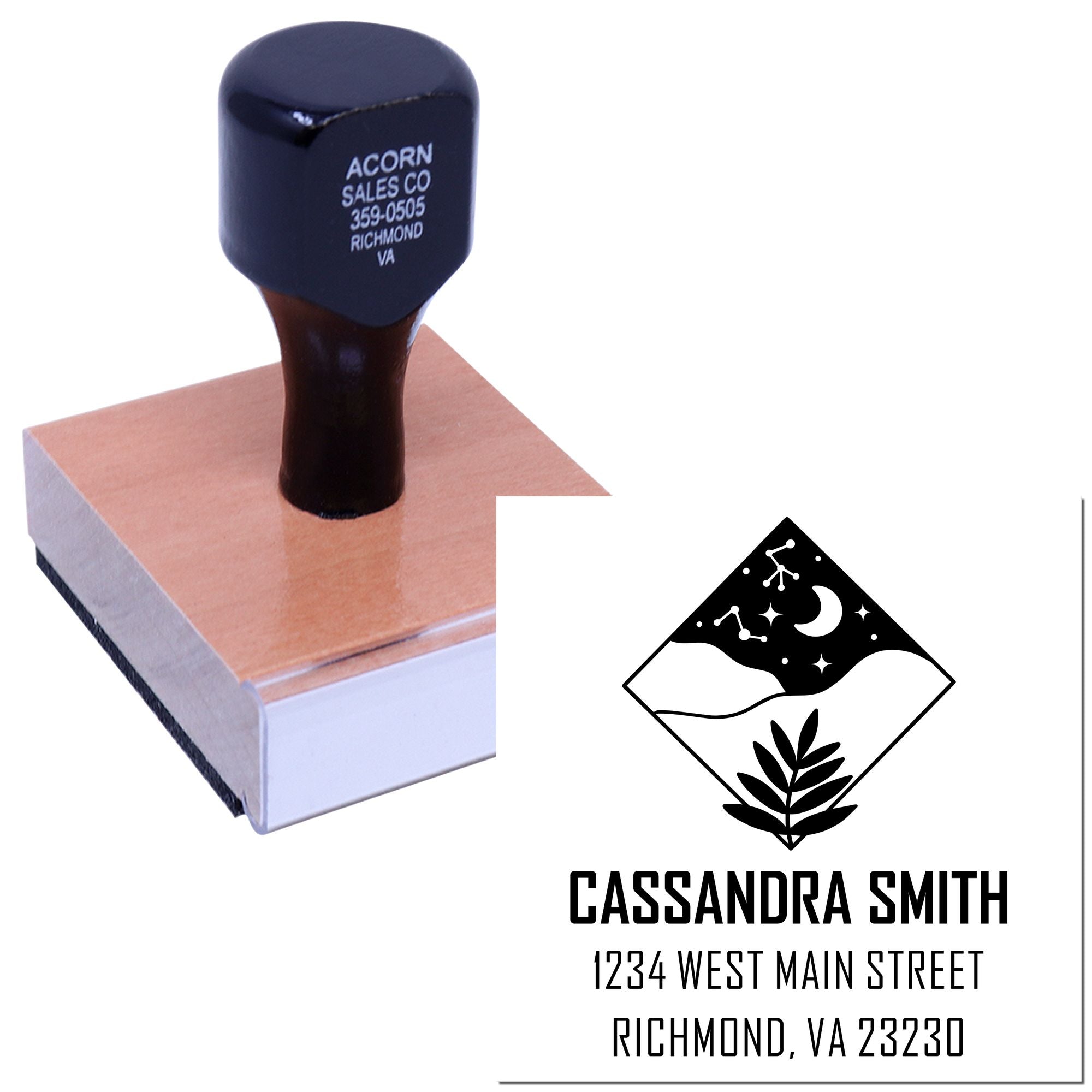 Custom rubber address stamp with logo for personalized return address printing, mailing, and business branding.