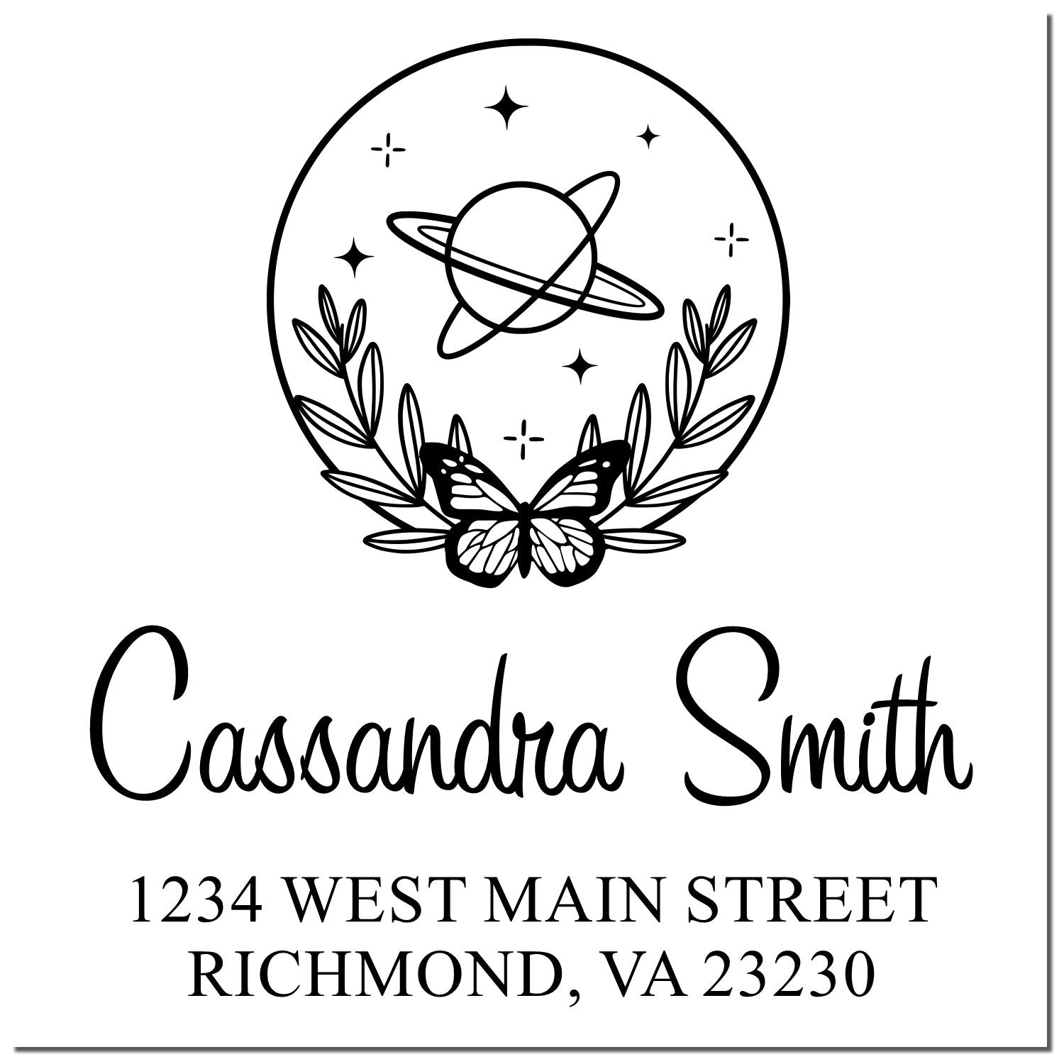 Custom rubber address stamp with celestial butterfly planet design, Cassandra Smith, and Richmond, VA return address.