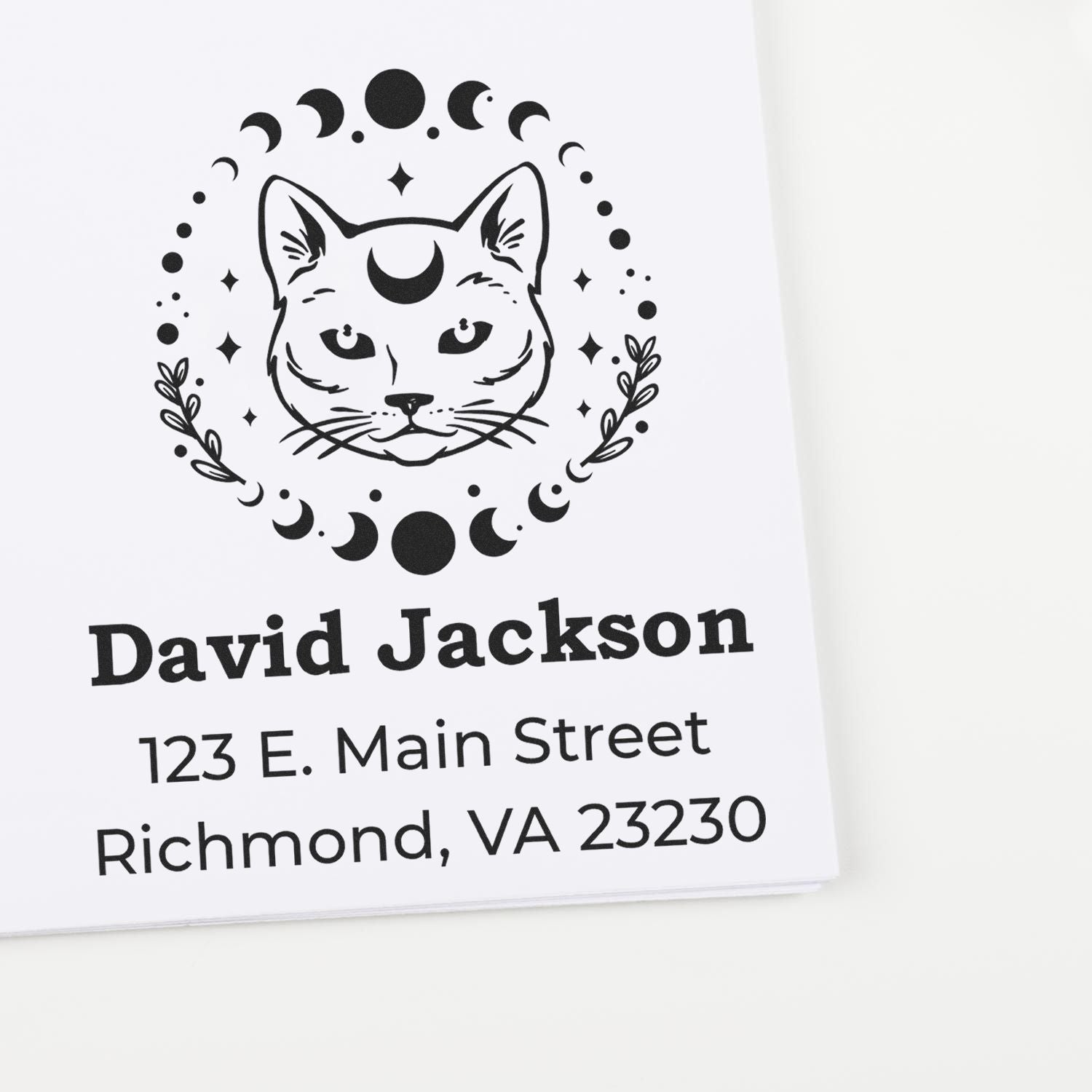 Custom cat moon address rubber stamp with name and mailing address for personalized return address labels.