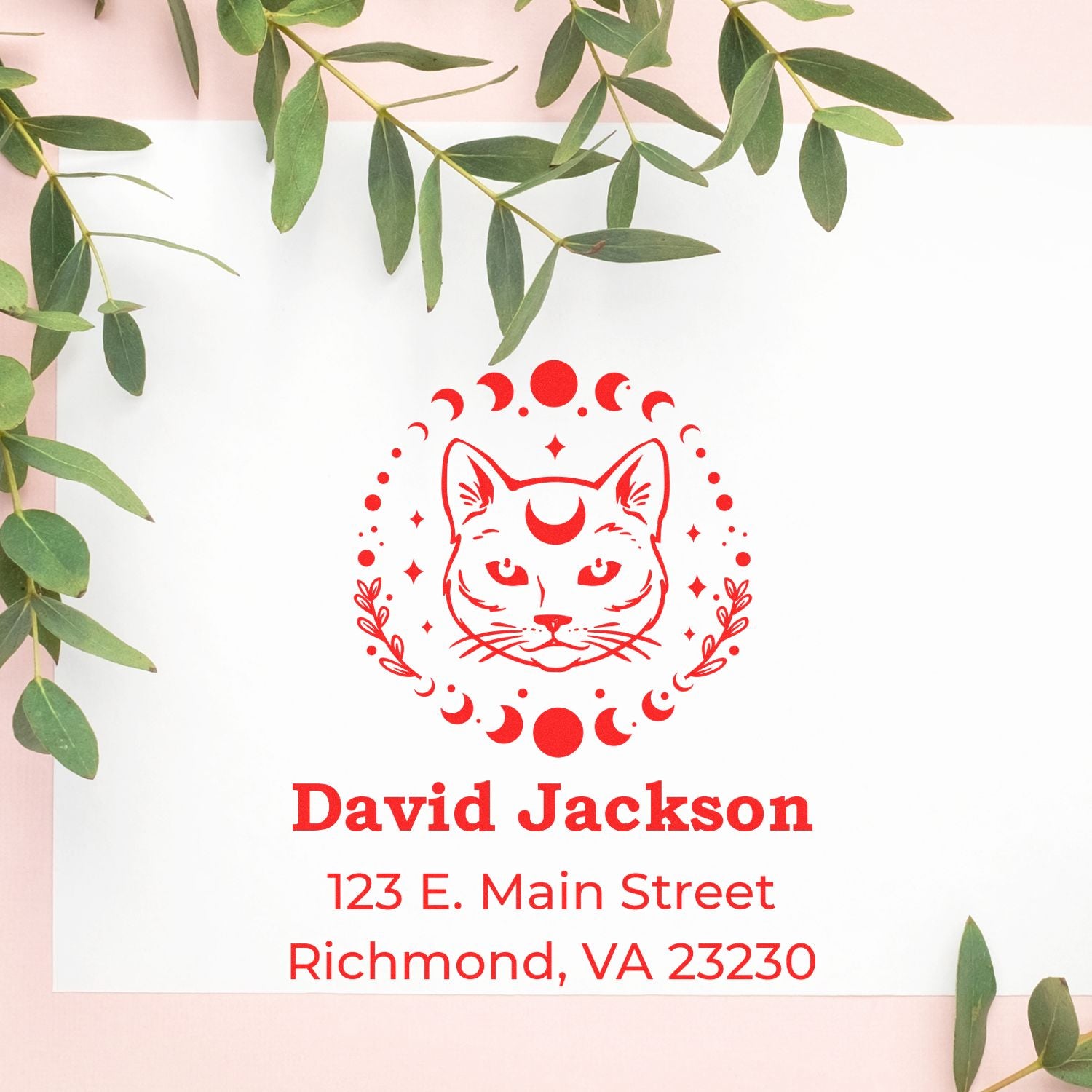 Custom red cat moon rubber stamp with name and address for personalized celestial return address mail.