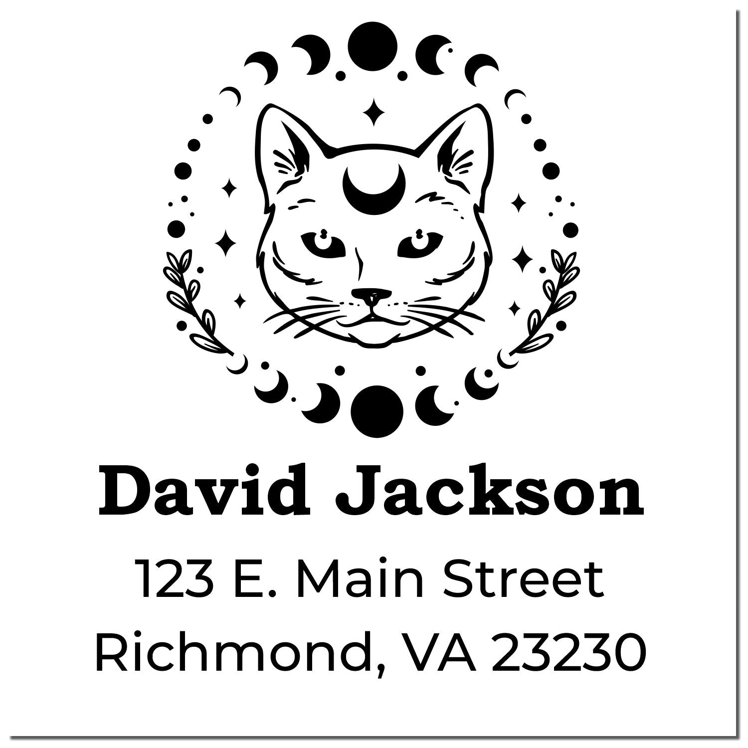 Custom cat address rubber stamp with moon design for David Jackson, 123 E. Main Street, Richmond, VA 23230.