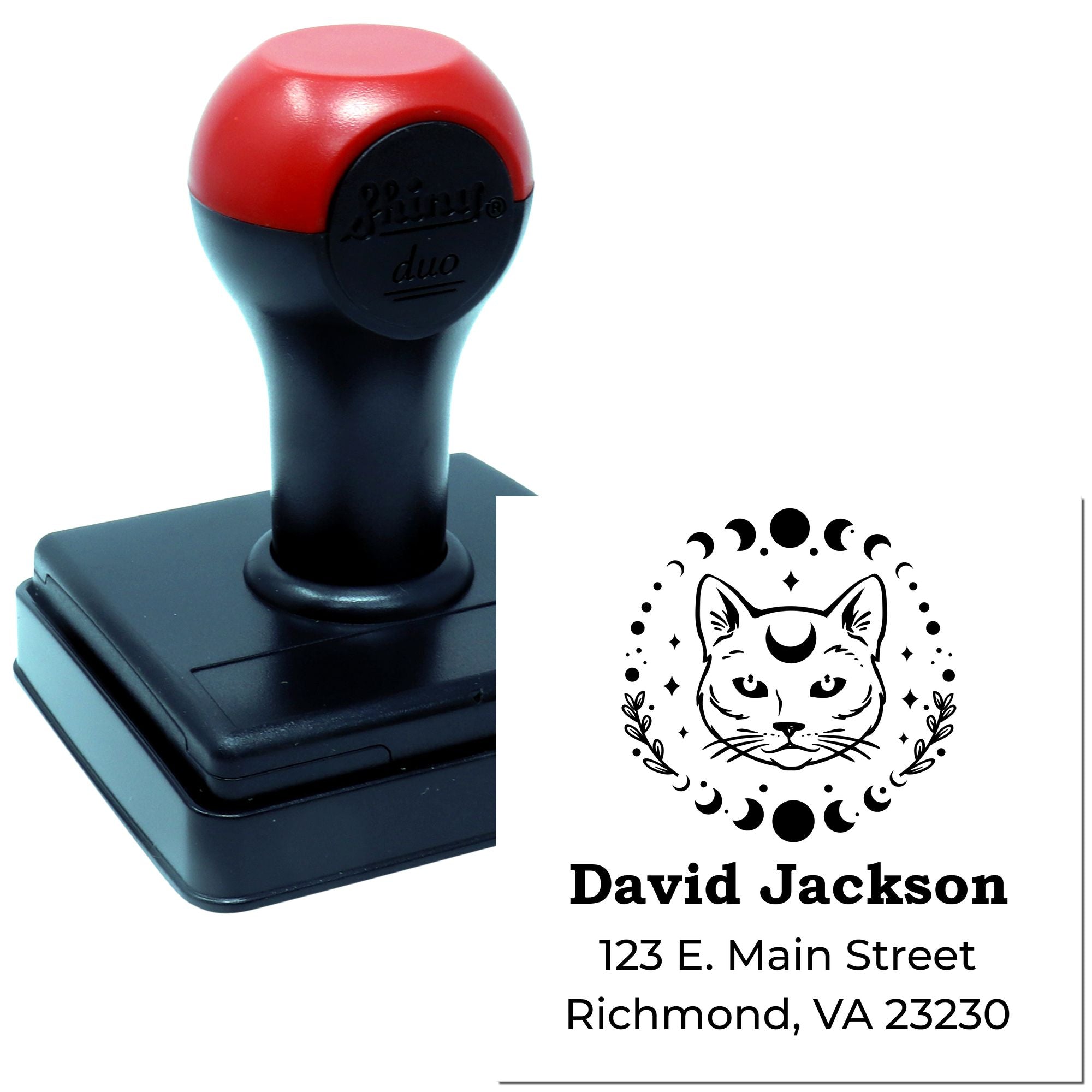 Custom self-inking rubber stamp with cat moon logo and personalized return address for pet owners