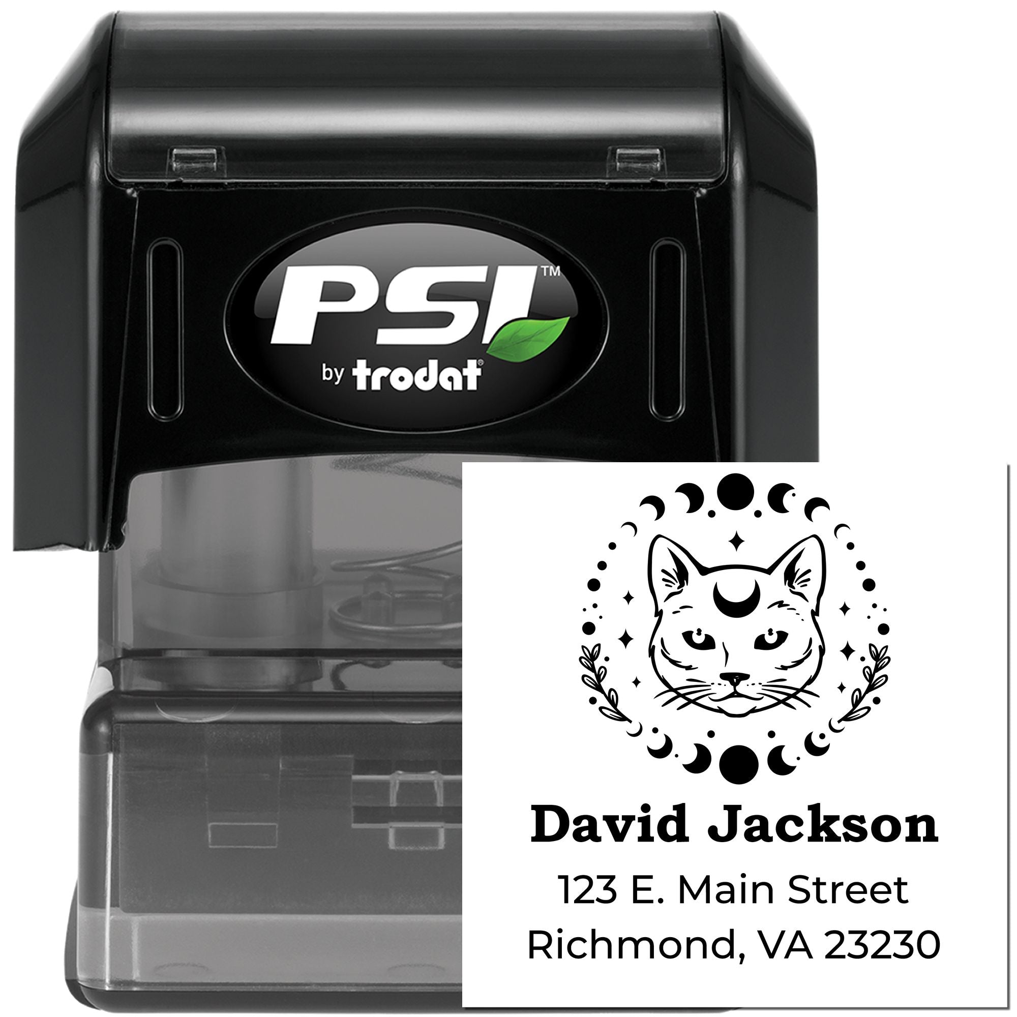 Custom self-inking rubber stamp by PSI Trodat with cat logo and address, perfect for personalized return mail labeling.
