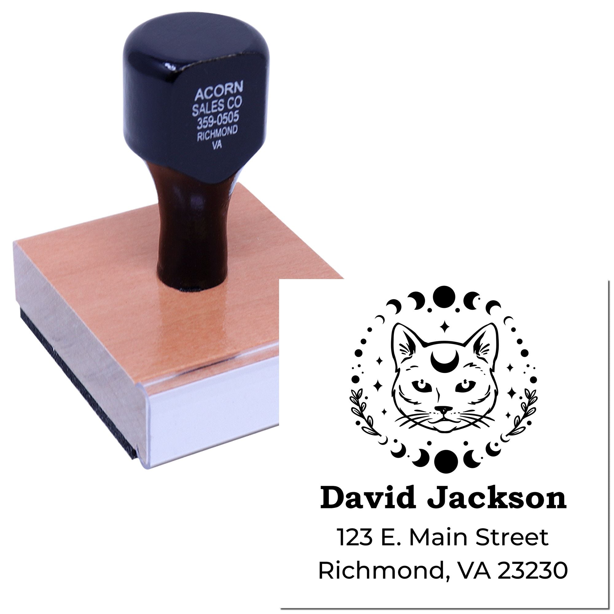 Personalized rubber address stamp with cat logo, name, and Richmond, VA address for custom mailing and branding