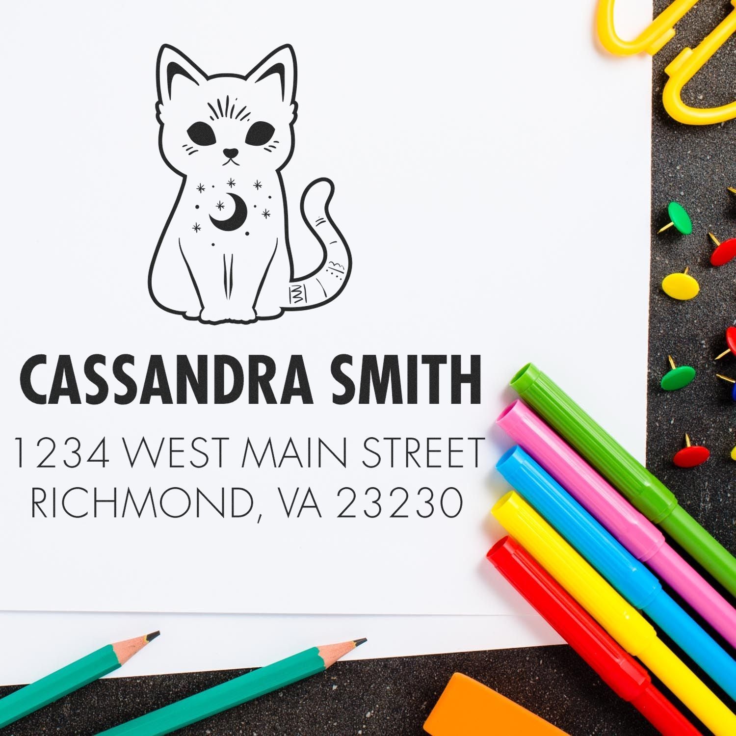 Personalized cat return address rubber stamp with name and address for custom mailing and stationery.