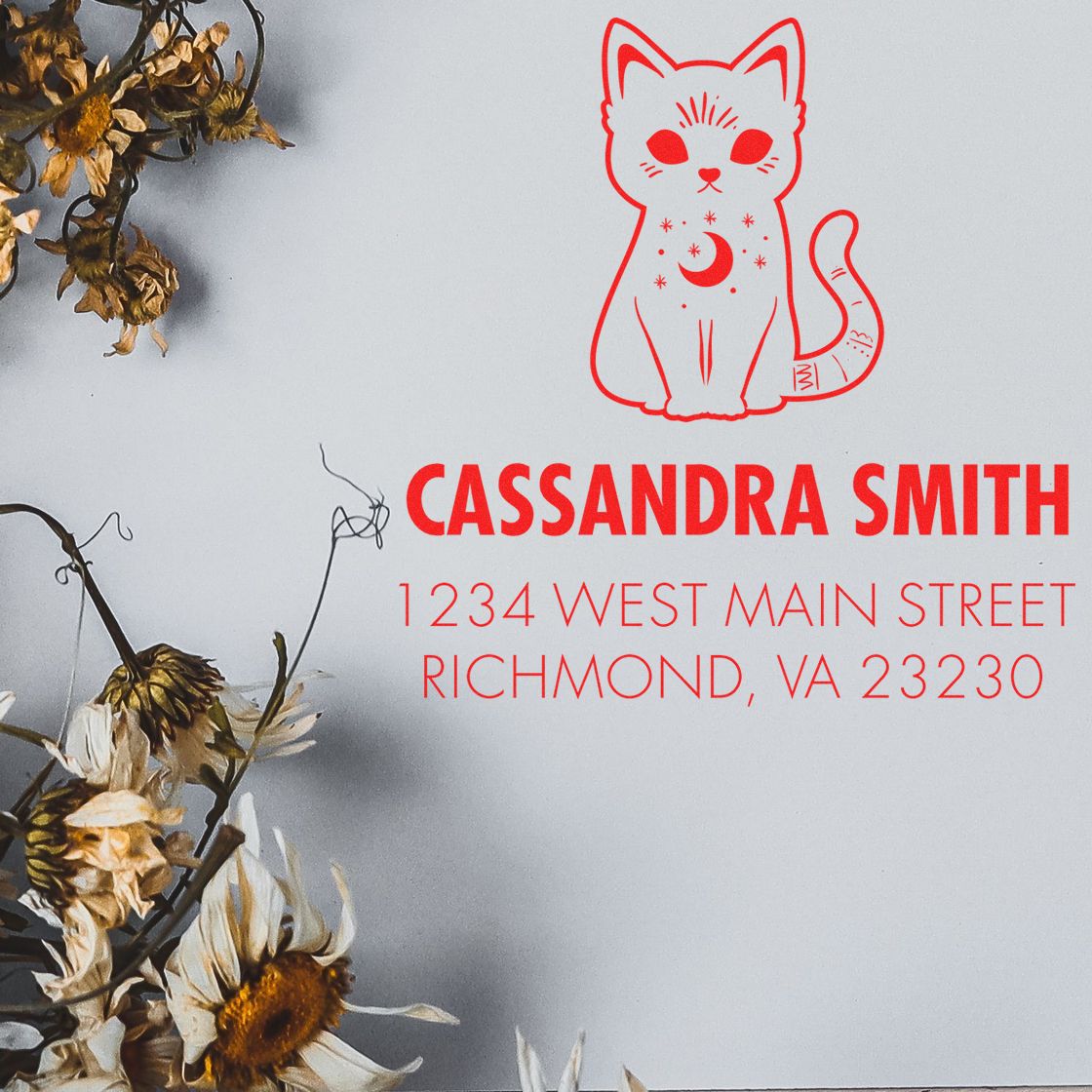 Custom cat return address rubber stamp with moon design, personalized name, and mailing address for envelopes.