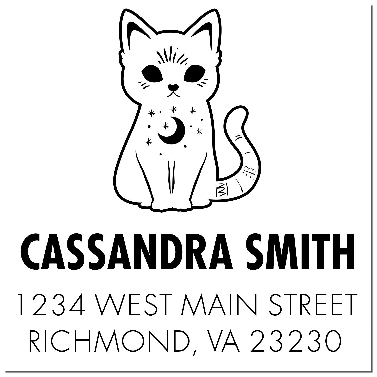 Custom cat return address rubber stamp with name and Richmond, VA address for personalized mail and stationery.