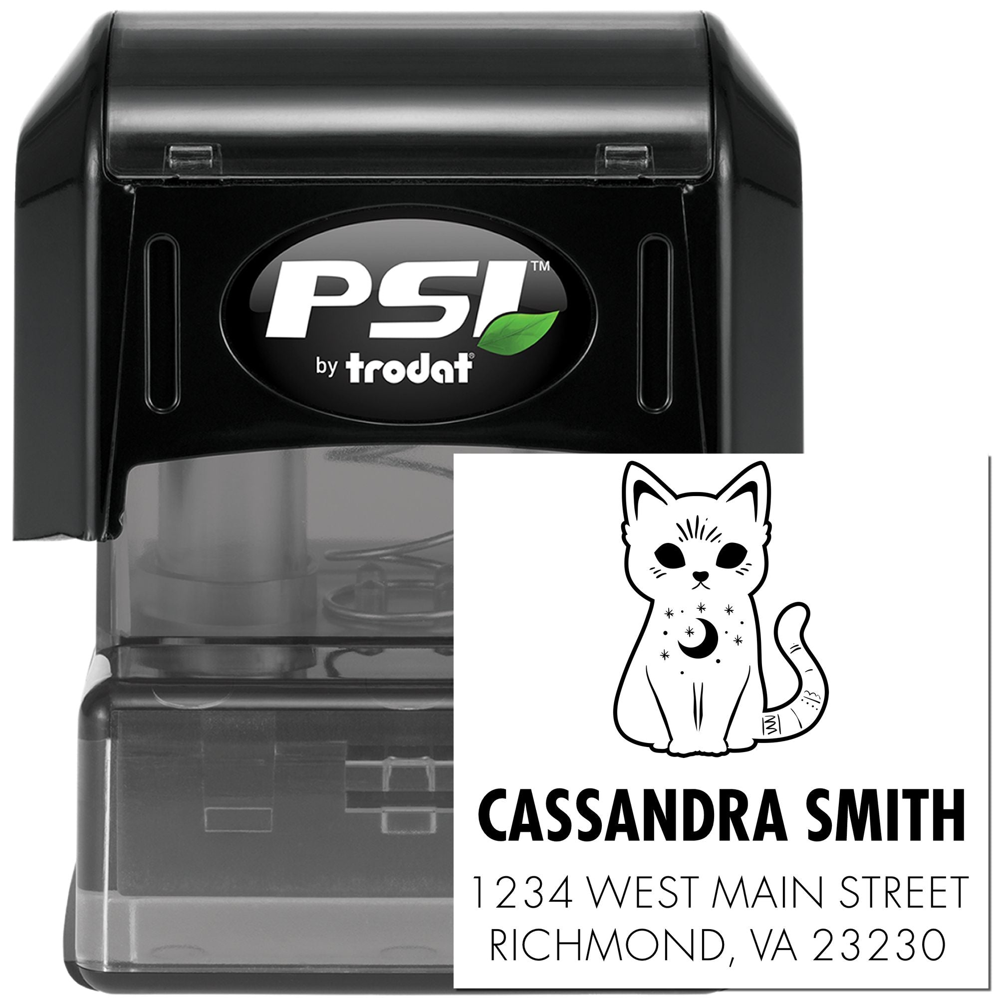 Custom PSI by Trodat self-inking rubber stamp with cat design, name, and address for personalized return mailing.