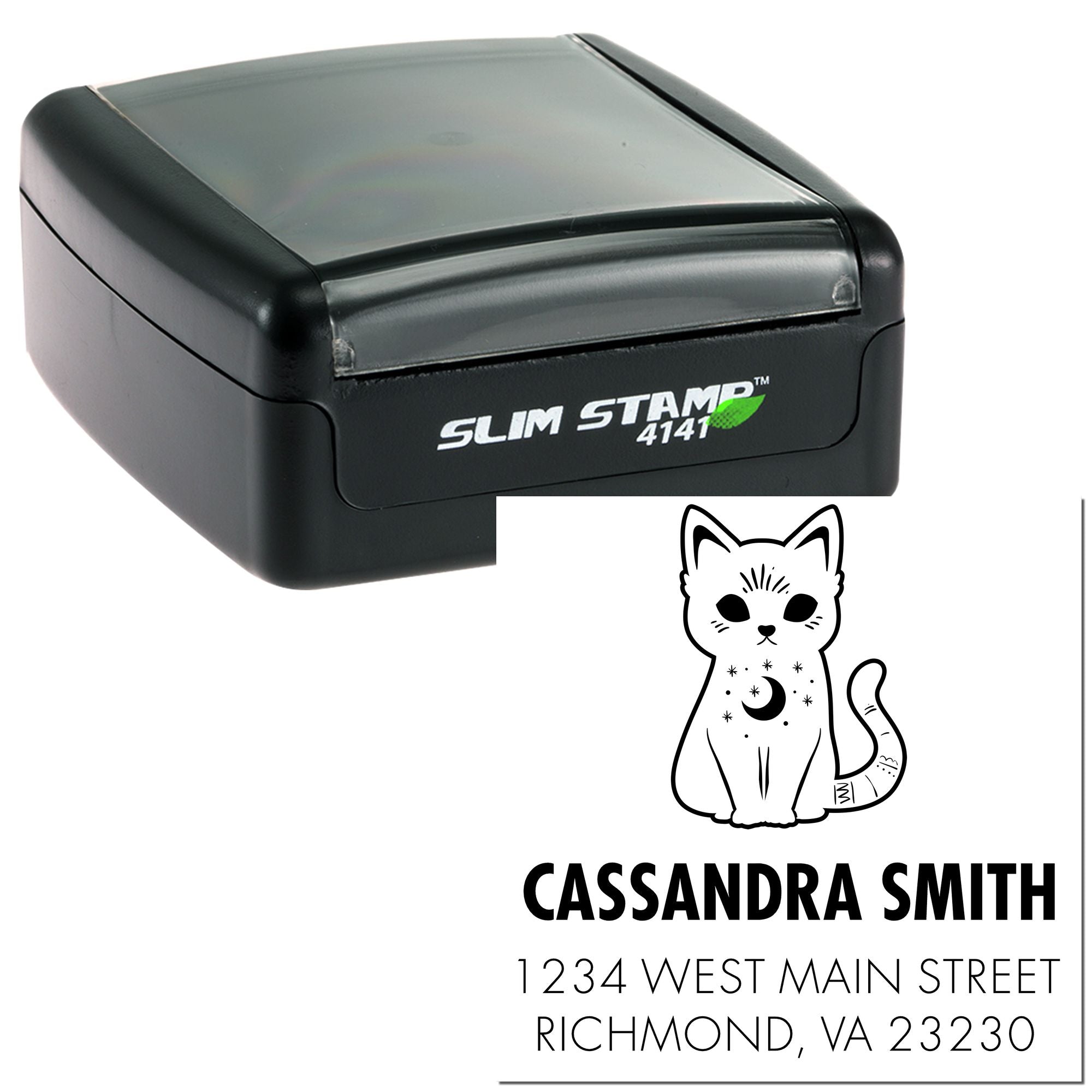 Custom cat address rubber stamp with self-inking slim stamp for personalized mailing, return labels, and stationery.