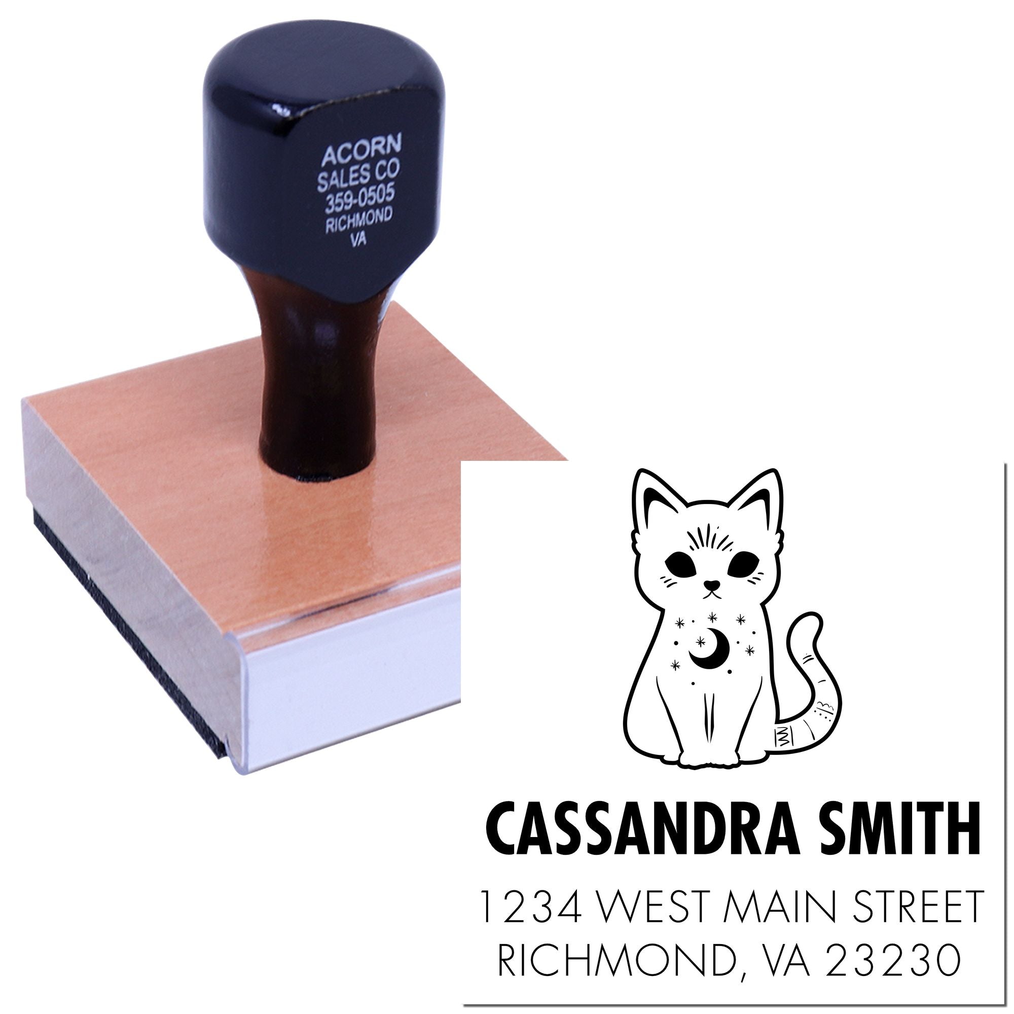 Custom rubber address stamp with cat logo, personalized name, and Richmond, VA mailing address.