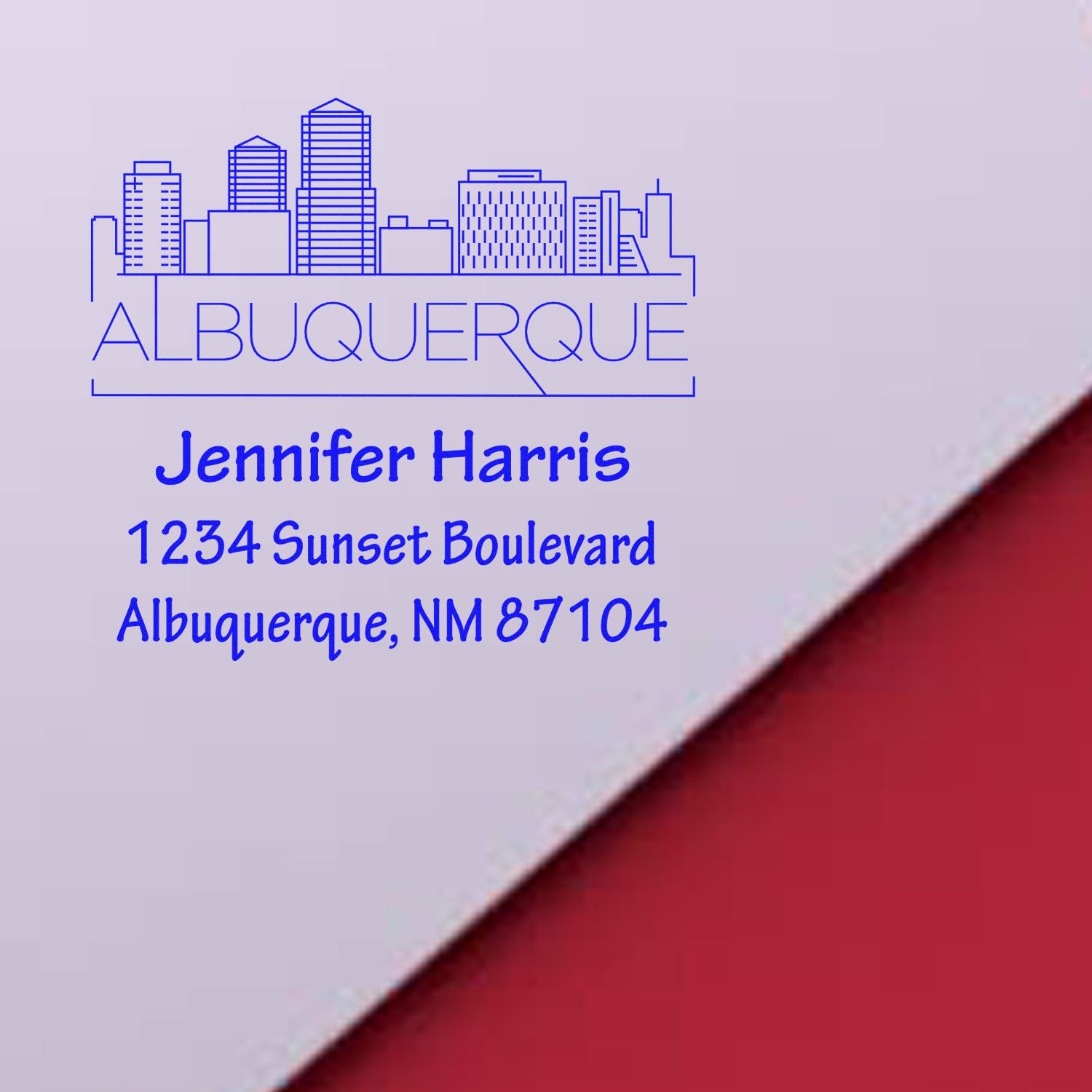Custom Albuquerque skyline return address rubber stamp for Jennifer Harris, 1234 Sunset Boulevard, Albuquerque, NM 87104