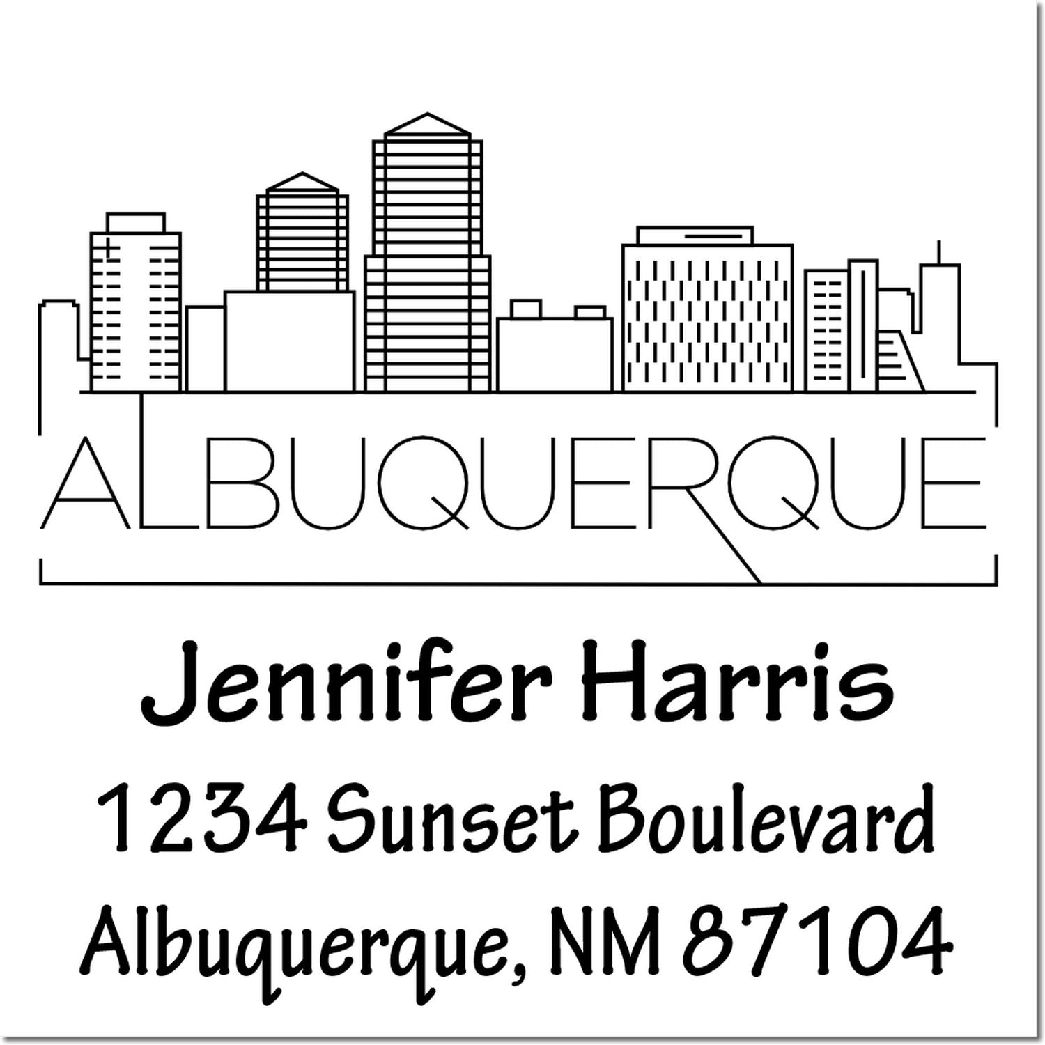 Personalized Albuquerque return address rubber stamp with skyline, Jennifer Harris, 1234 Sunset Boulevard, NM 87104