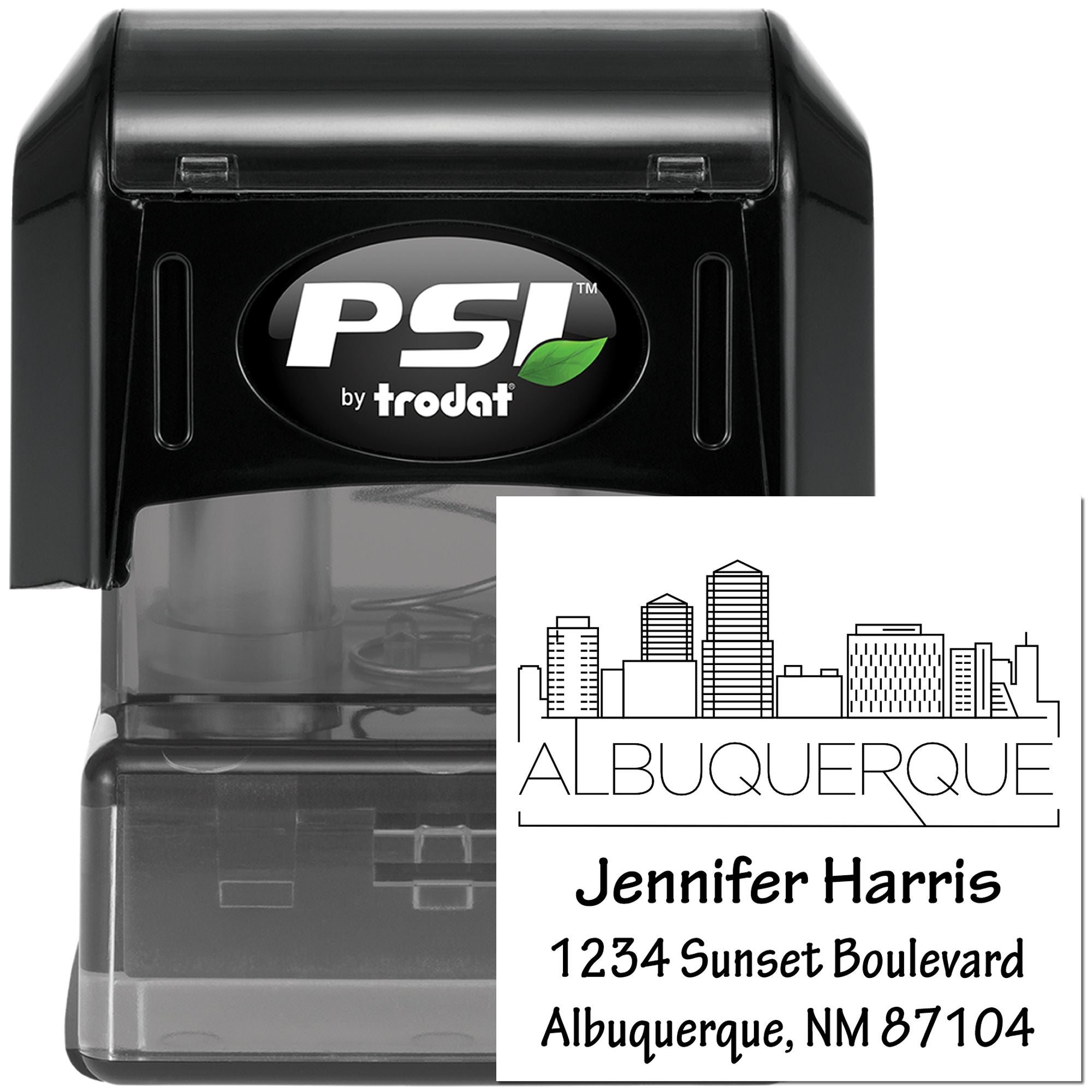 PSI by Trodat self-inking custom address rubber stamp with Albuquerque skyline for Jennifer Harris