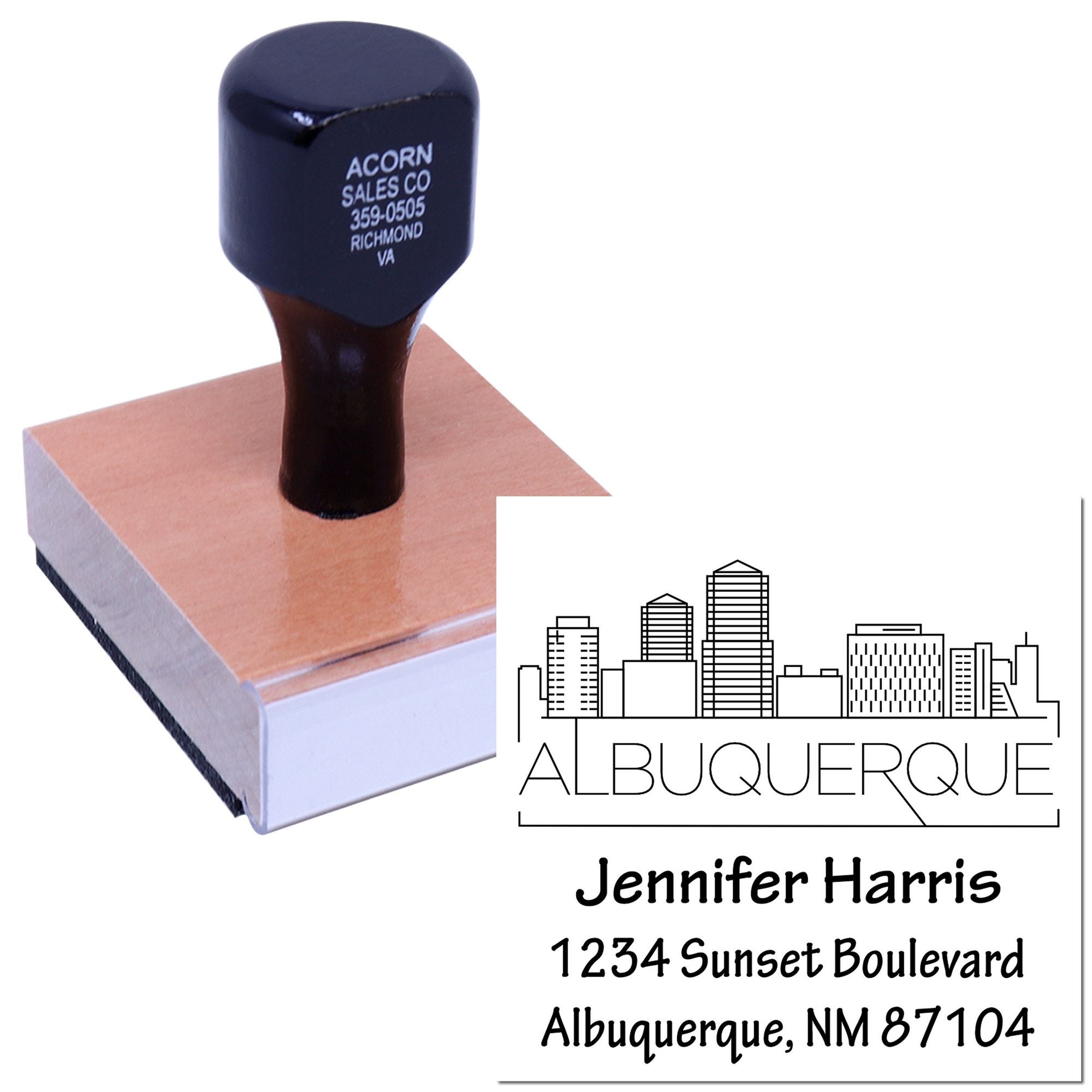 Custom rubber address stamp featuring Albuquerque skyline and return address for Jennifer Harris