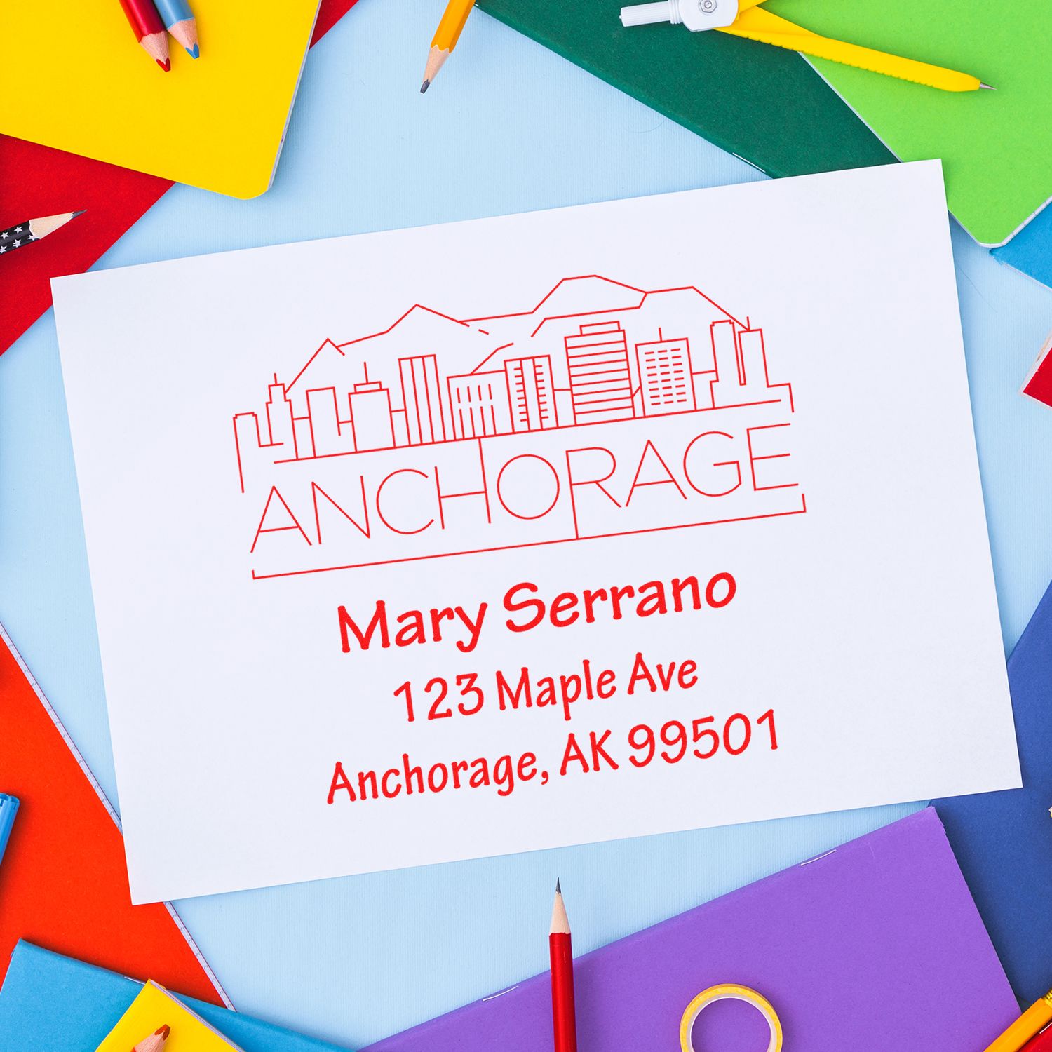 Custom Anchorage return address rubber stamp with skyline design for personalized mailing and envelopes.