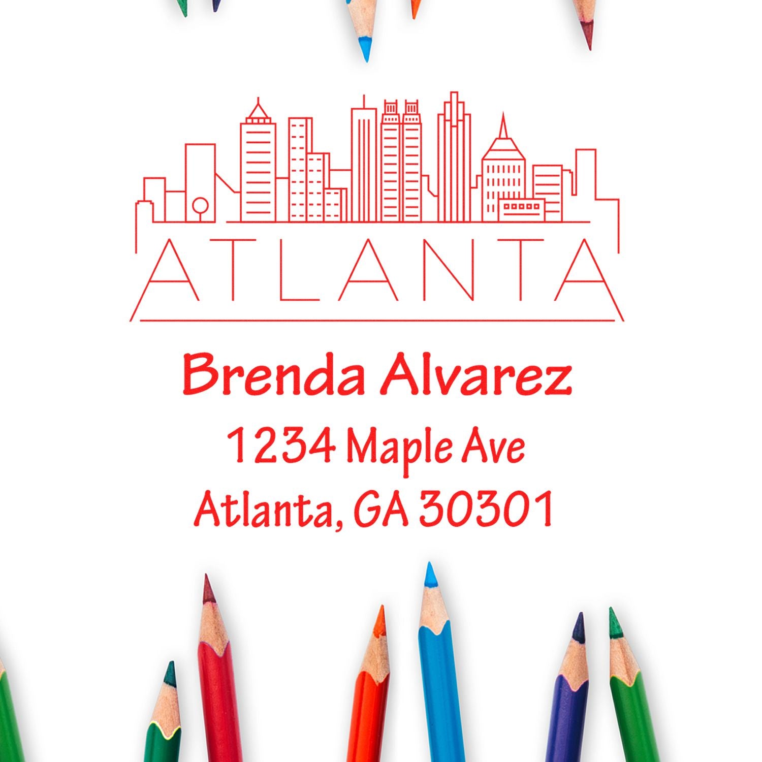 Custom Atlanta return address rubber stamp with skyline design, personalized name, street address, and ZIP code.