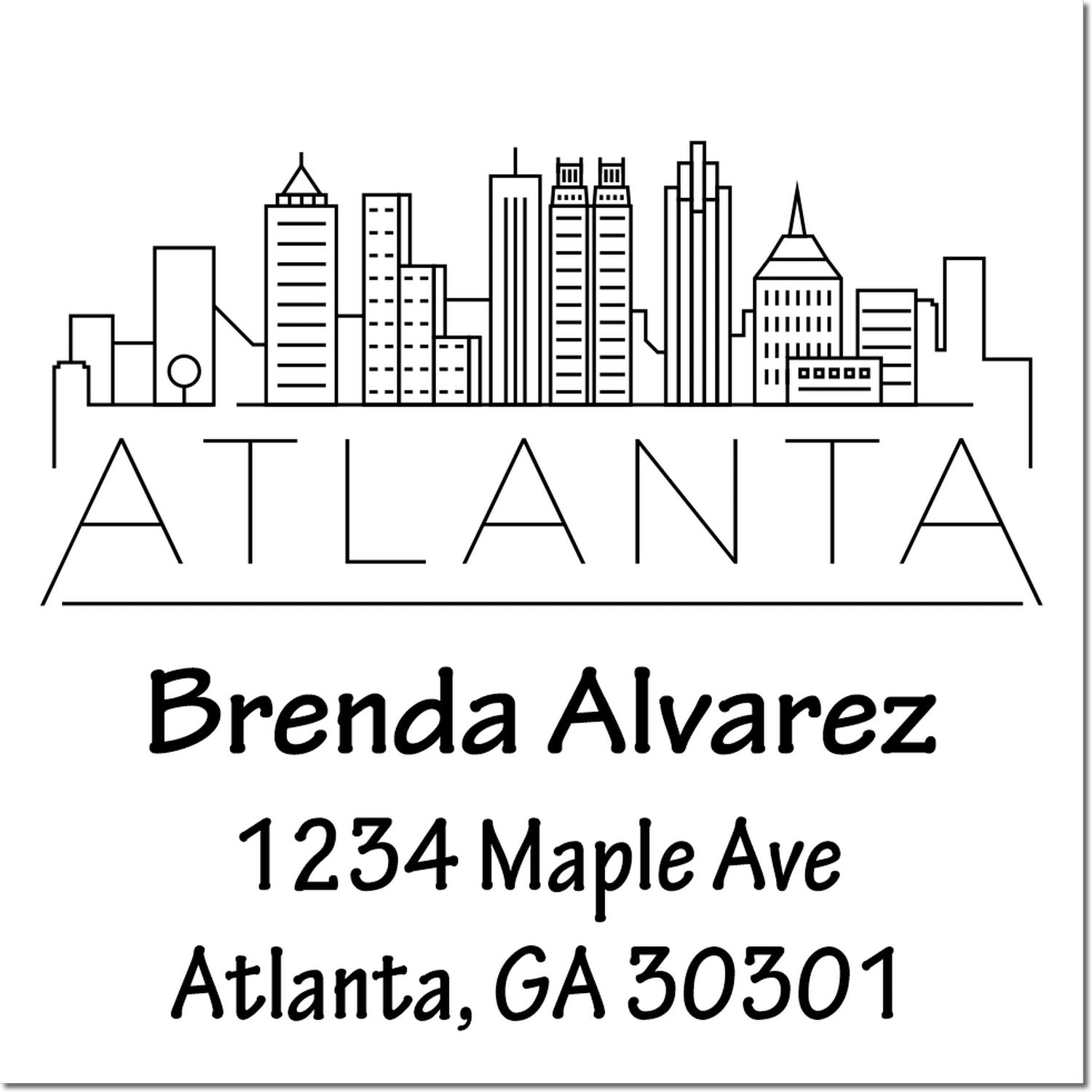 Custom Atlanta skyline address rubber stamp for Brenda Alvarez, 1234 Maple Ave, Atlanta, GA 30301.