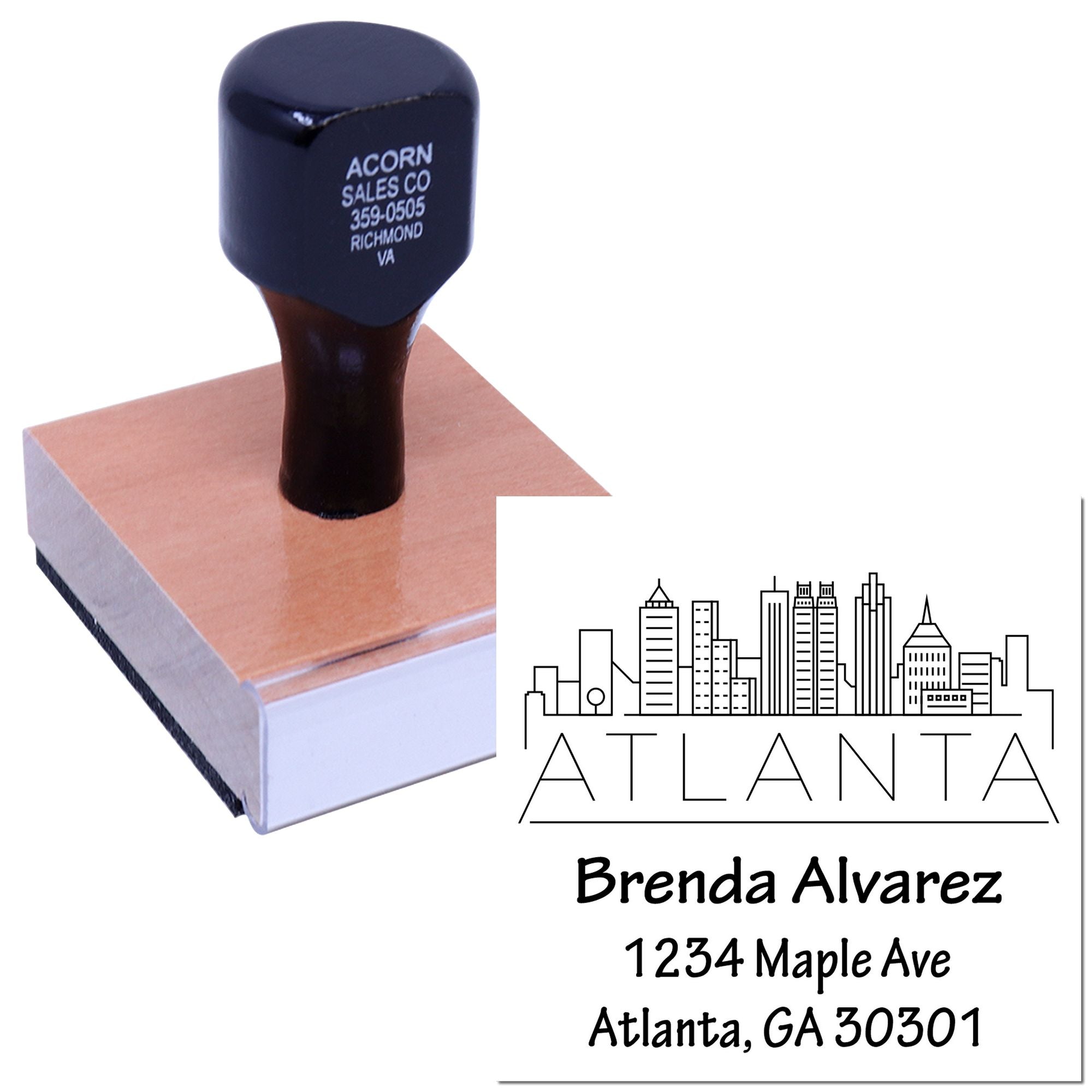 Atlanta skyline custom return address rubber stamp for Brenda Alvarez, 1234 Maple Ave