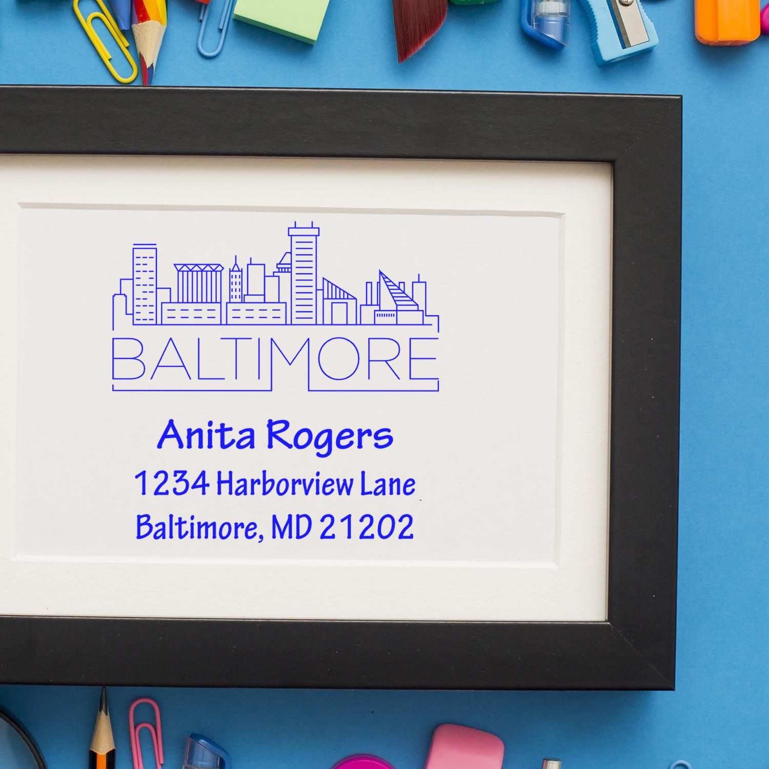 Personalized Baltimore return address rubber stamp with skyline design for custom mailing and business use.