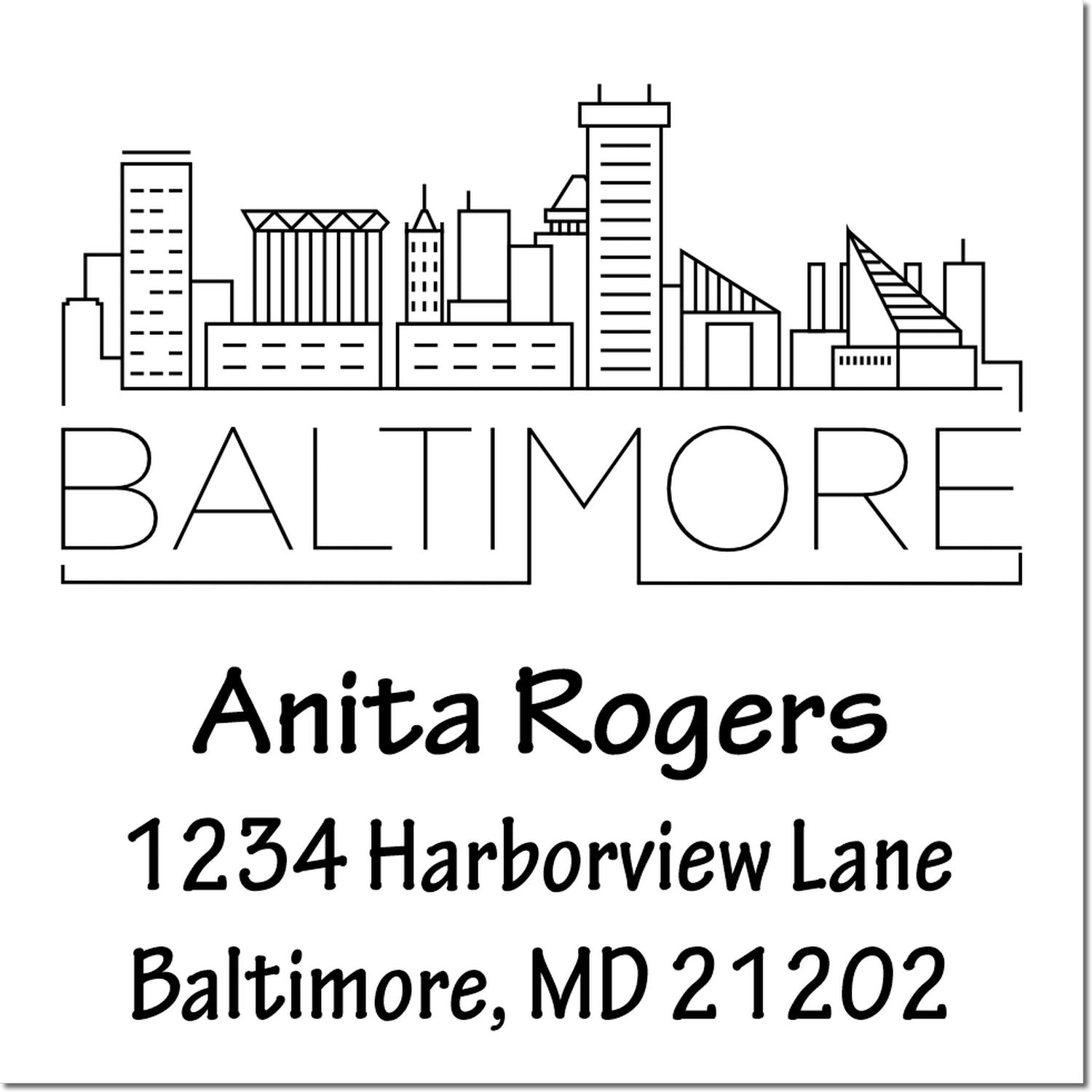 Custom Baltimore skyline return address rubber stamp with Anita Rogers, 1234 Harborview Lane, Baltimore, MD 21202.