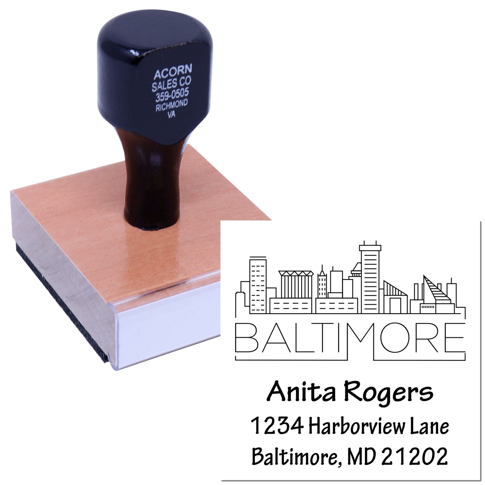 Personalized Baltimore address rubber stamp with skyline design, name, and mailing address for business or return use.