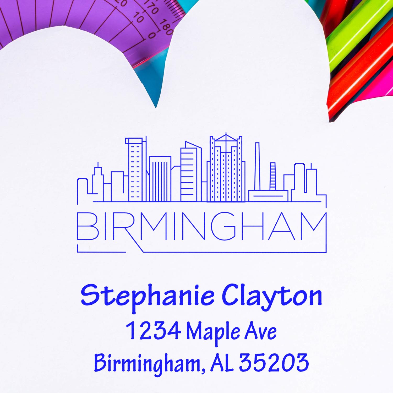 Custom Birmingham skyline address stamp with Stephanie Clayton, 1234 Maple Ave, Birmingham, AL 35203.