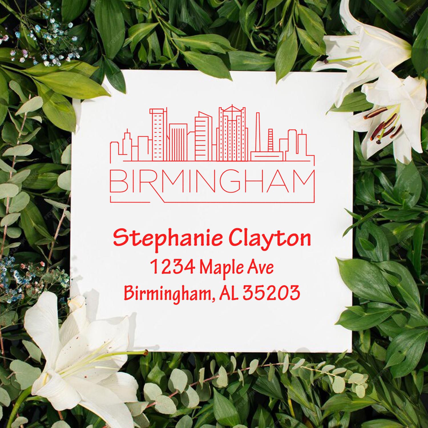 Custom Birmingham skyline rubber stamp with return address for Stephanie Clayton, 1234 Maple Ave, Birmingham, AL 35203