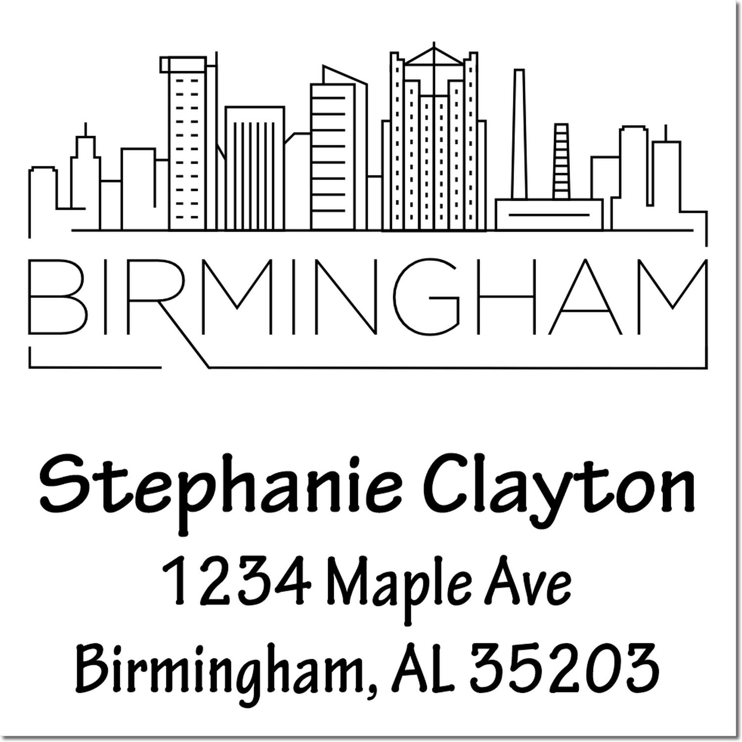 Custom Birmingham, AL return address rubber stamp with skyline, Stephanie Clayton, 1234 Maple Ave, Birmingham, AL 35203