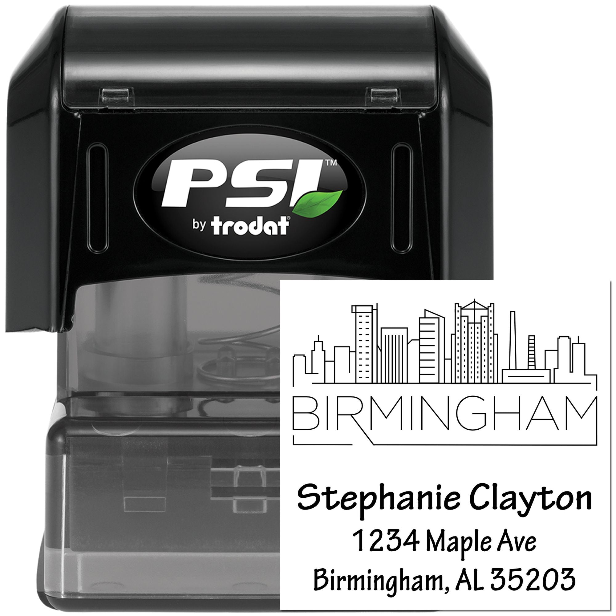 Custom self-inking rubber address stamp with Birmingham skyline, Stephanie Clayton, 1234 Maple Ave, Birmingham, AL 35203