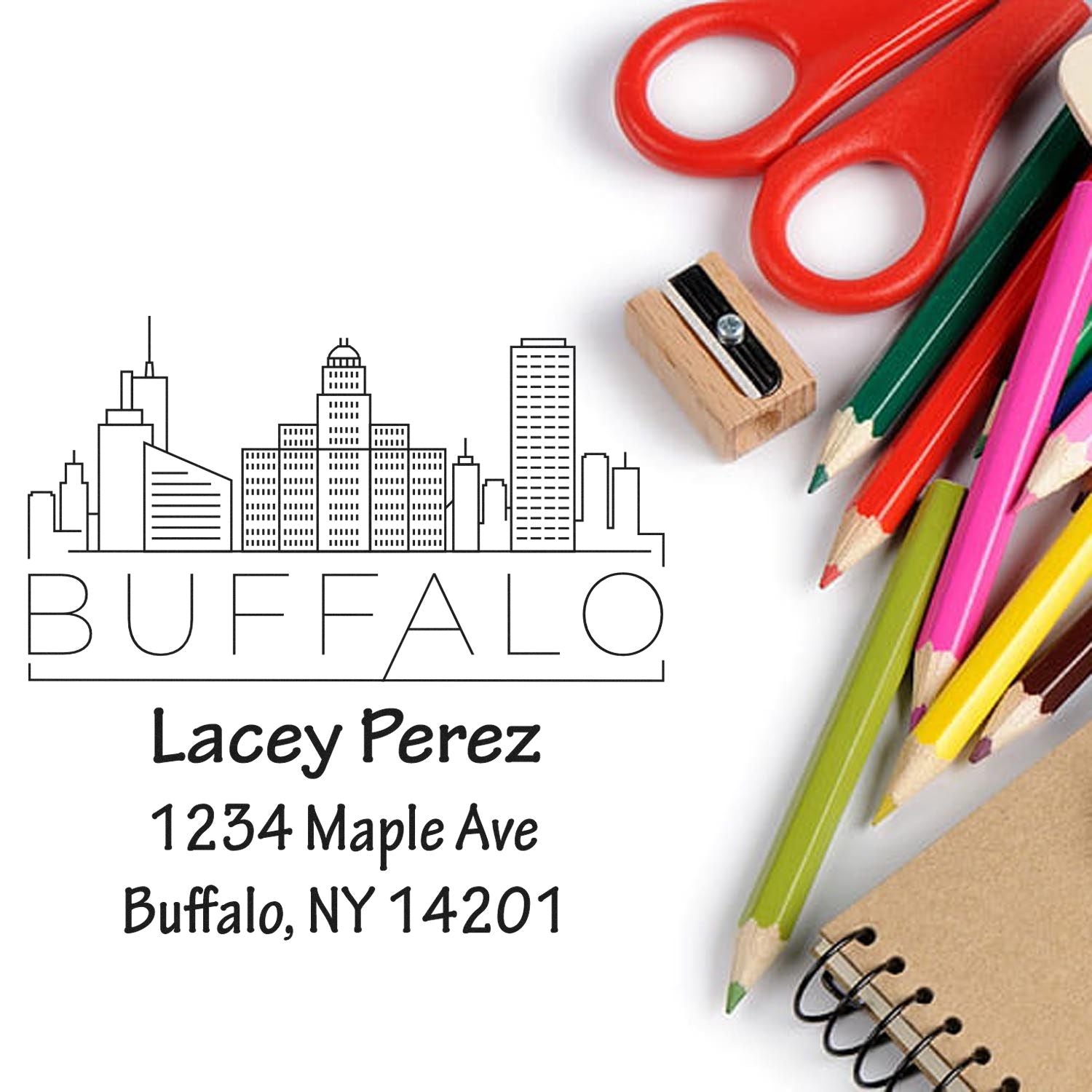Custom Buffalo return address rubber stamp with city skyline design, ideal for personalized business or mailing envelopes.