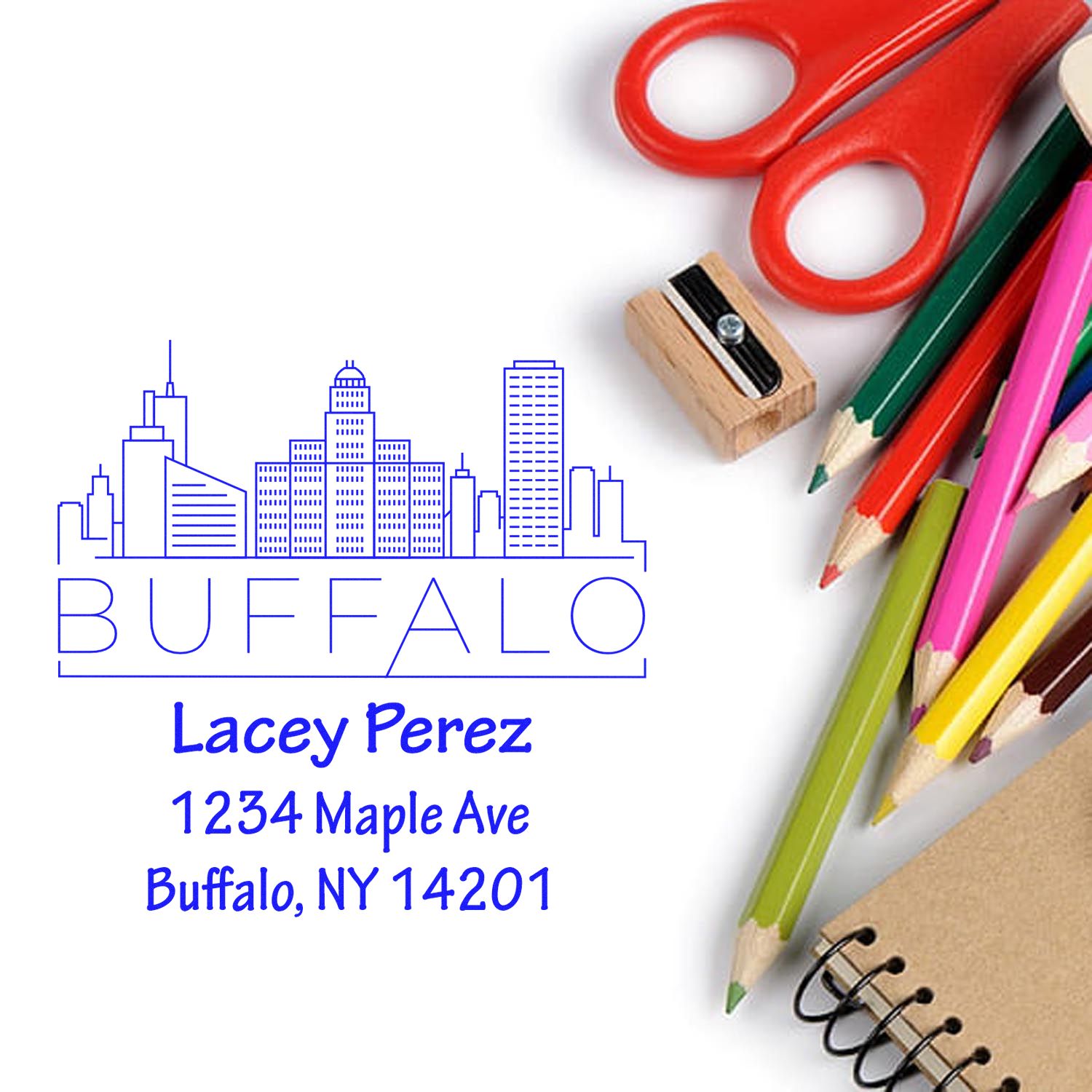 Custom Buffalo return address rubber stamp with skyline design for stationery, envelopes, and personalized mailings.