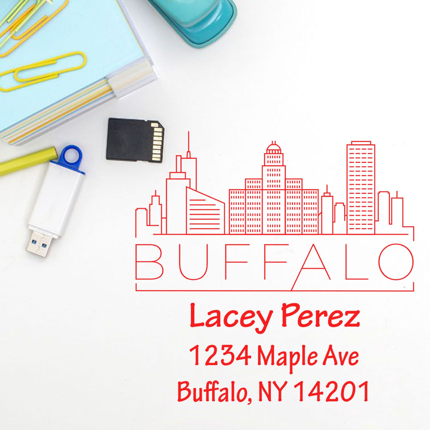 Custom Buffalo address rubber stamp with skyline design for Lacey Perez, 1234 Maple Ave, Buffalo, NY 14201