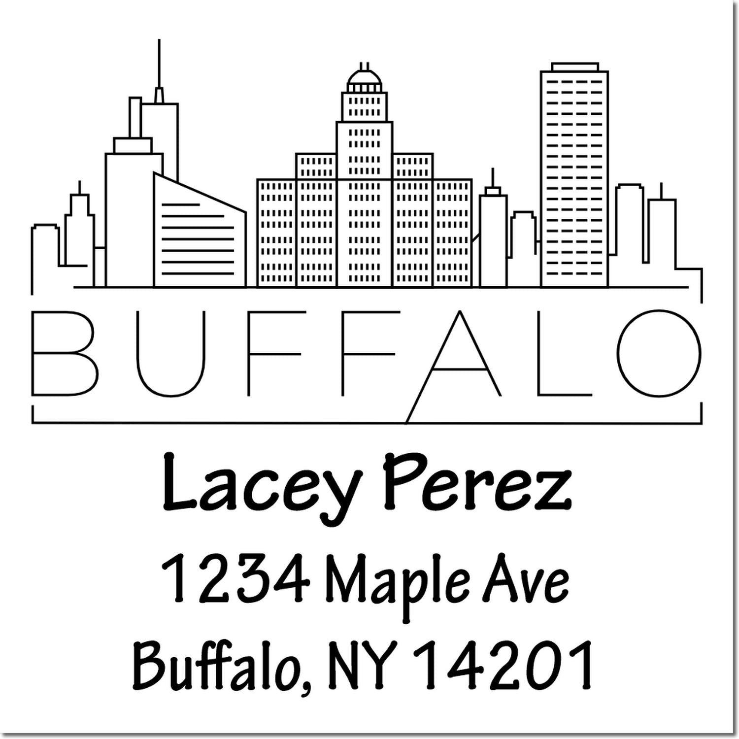 Personalized Buffalo skyline return address rubber stamp with name Lacey Perez and address, 1234 Maple Ave, Buffalo NY 14201.