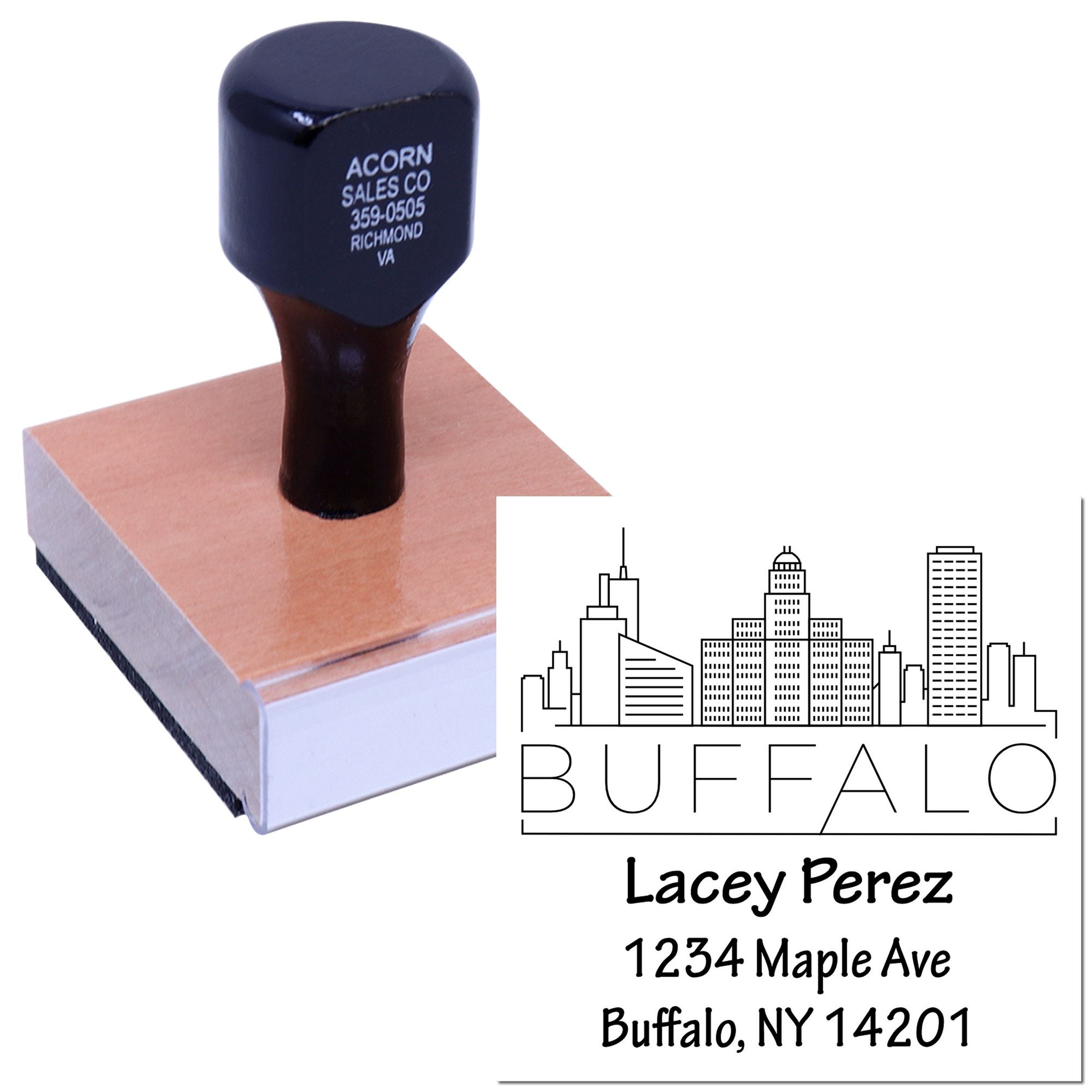 Custom Buffalo return address rubber stamp with skyline logo, personalized name, street address, and ZIP code.