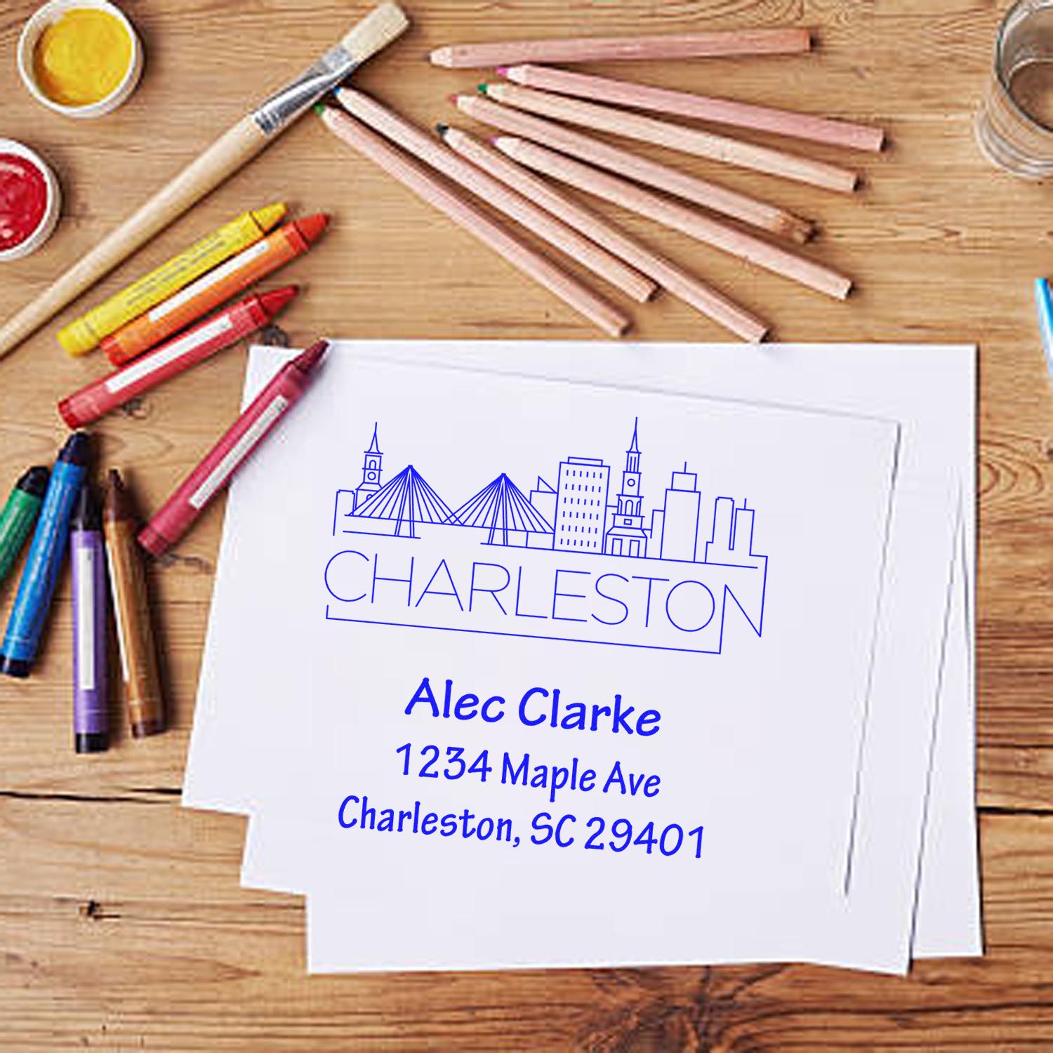 Custom Charleston address rubber stamp proof with skyline design, ideal for personalized return address and stationery.