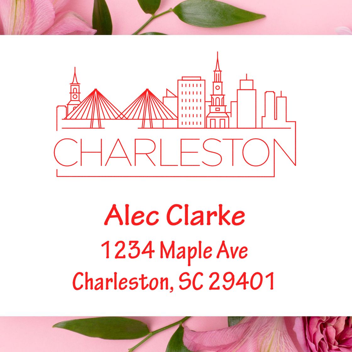Custom Charleston address rubber stamp with skyline design, name and return address, ideal for personalized wedding or business mail.